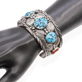 Vintage Navajo T. Billie Sterling Silver Turquoise & Red Coral Cuff Bracelet