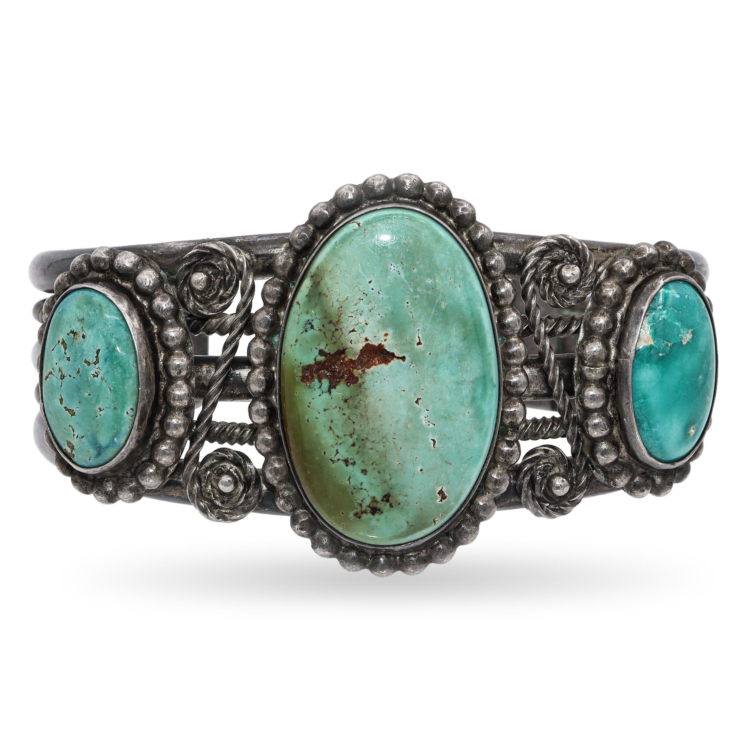 Vintage Navajo Sterling Silver Large Turquoise Three-Stone Cuff Bracelet