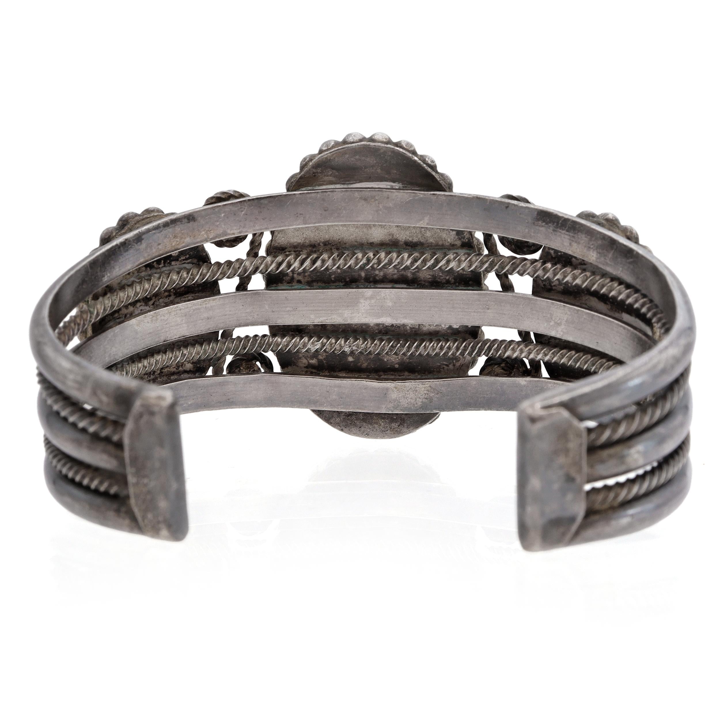 Vintage Navajo Sterling Silver Large Turquoise Three-Stone Cuff Bracelet