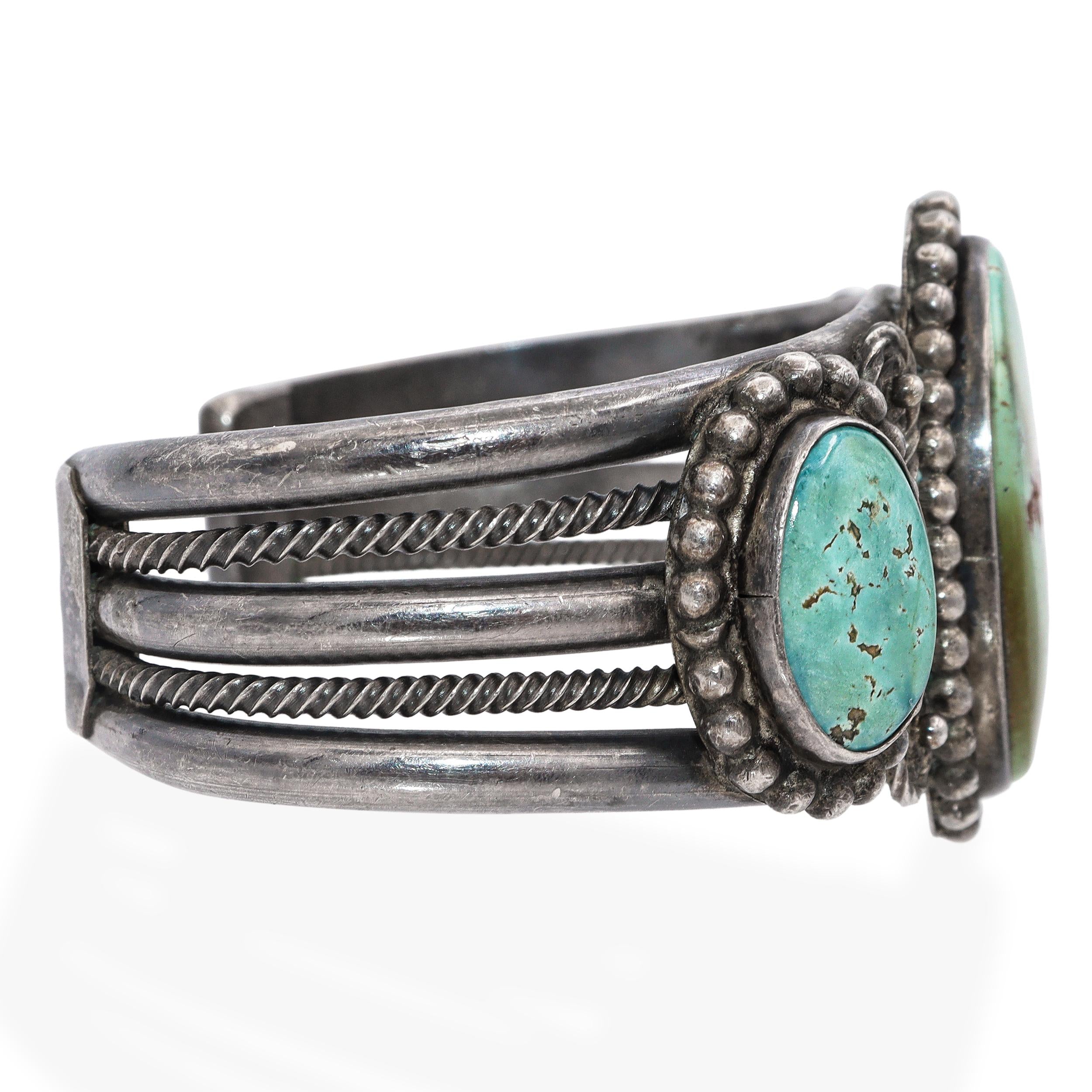 Vintage Navajo Sterling Silver Large Turquoise Three-Stone Cuff Bracelet