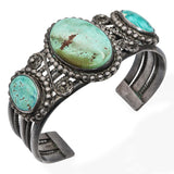 Vintage Navajo Sterling Silver Large Turquoise Three-Stone Cuff Bracelet