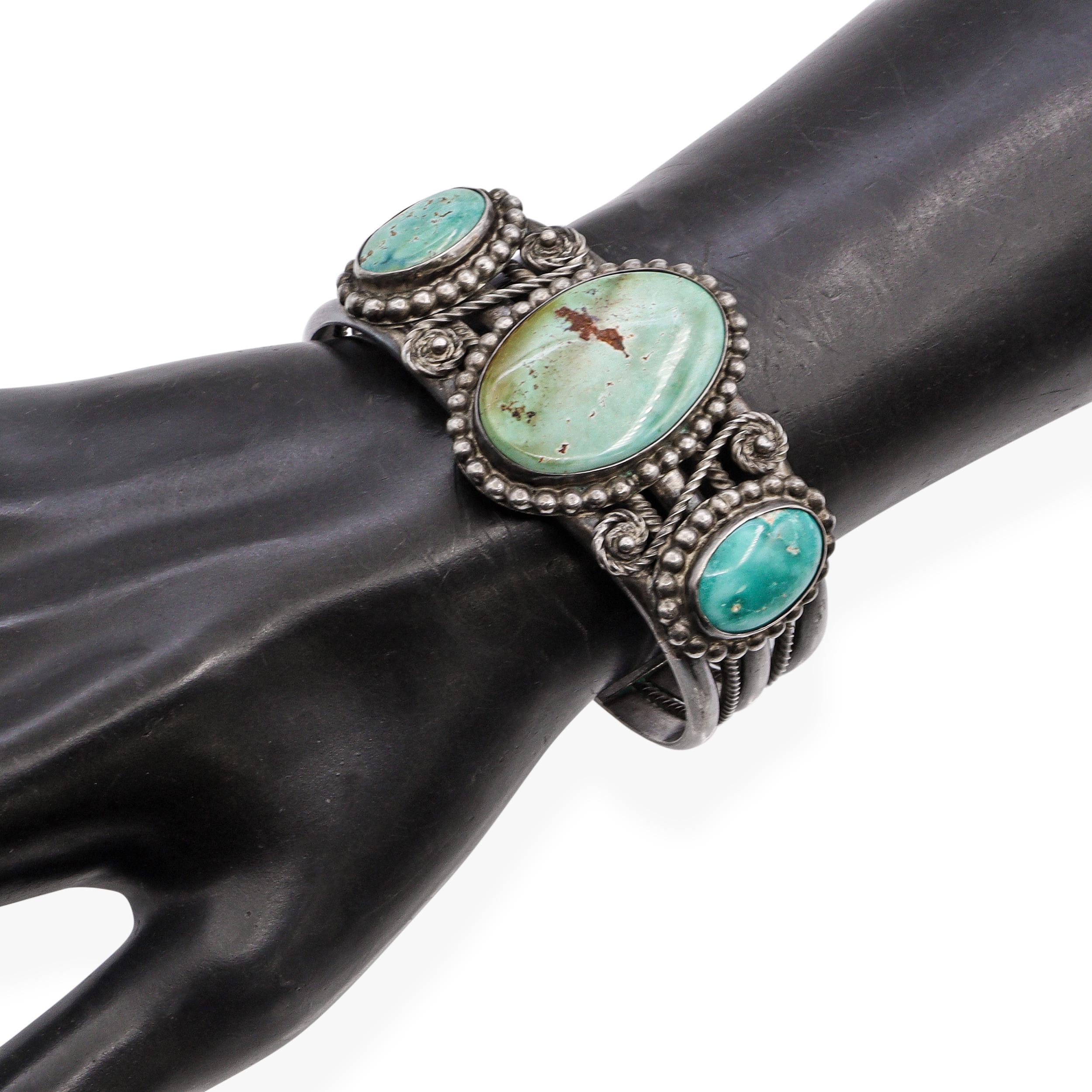 Vintage Navajo Sterling Silver Large Turquoise Three-Stone Cuff Bracelet