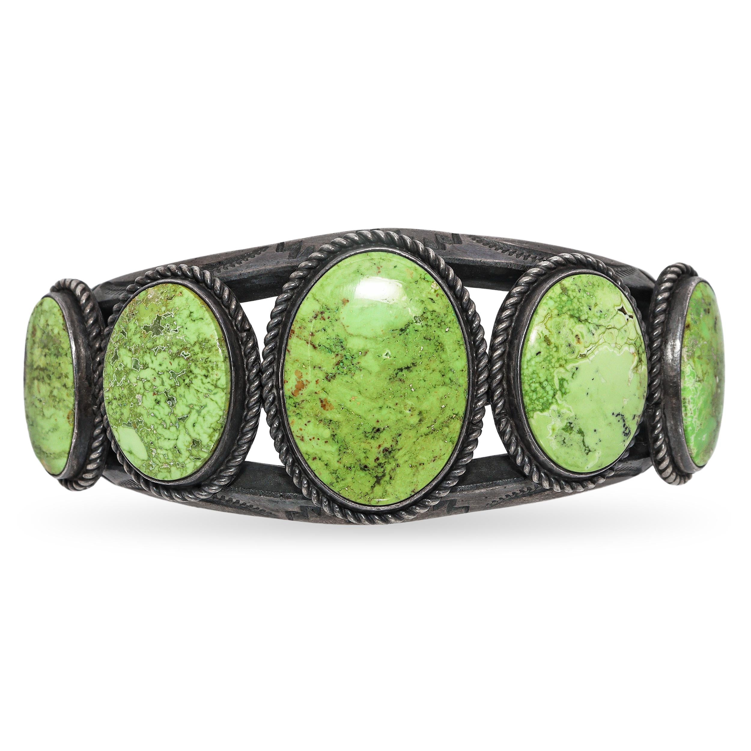 Vintage Navajo Sterling Silver Green Turquoise Five-Stone Cuff Bracelet