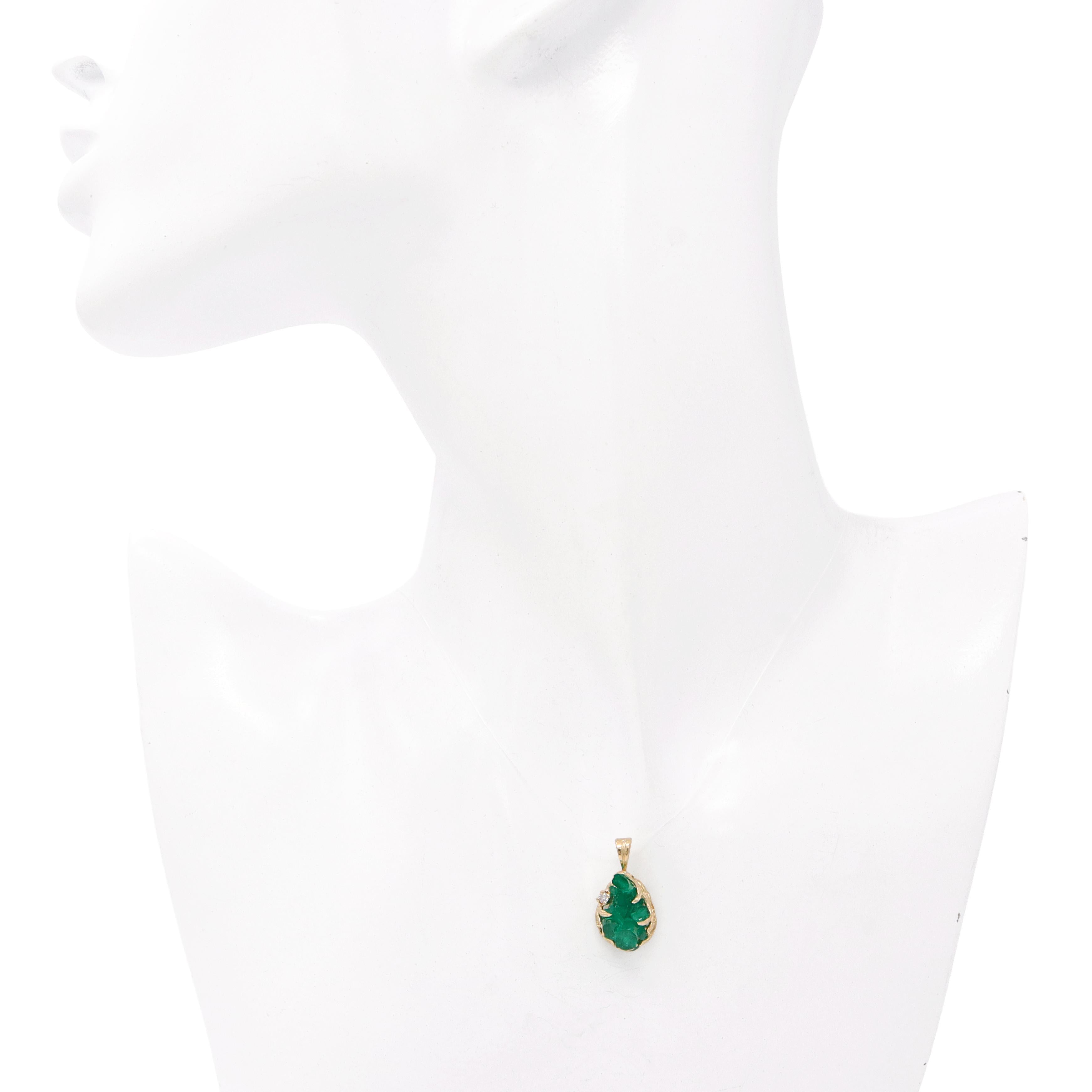 Vintage 14k Yellow Gold Chatham Rough Emerald and Diamond Pendant