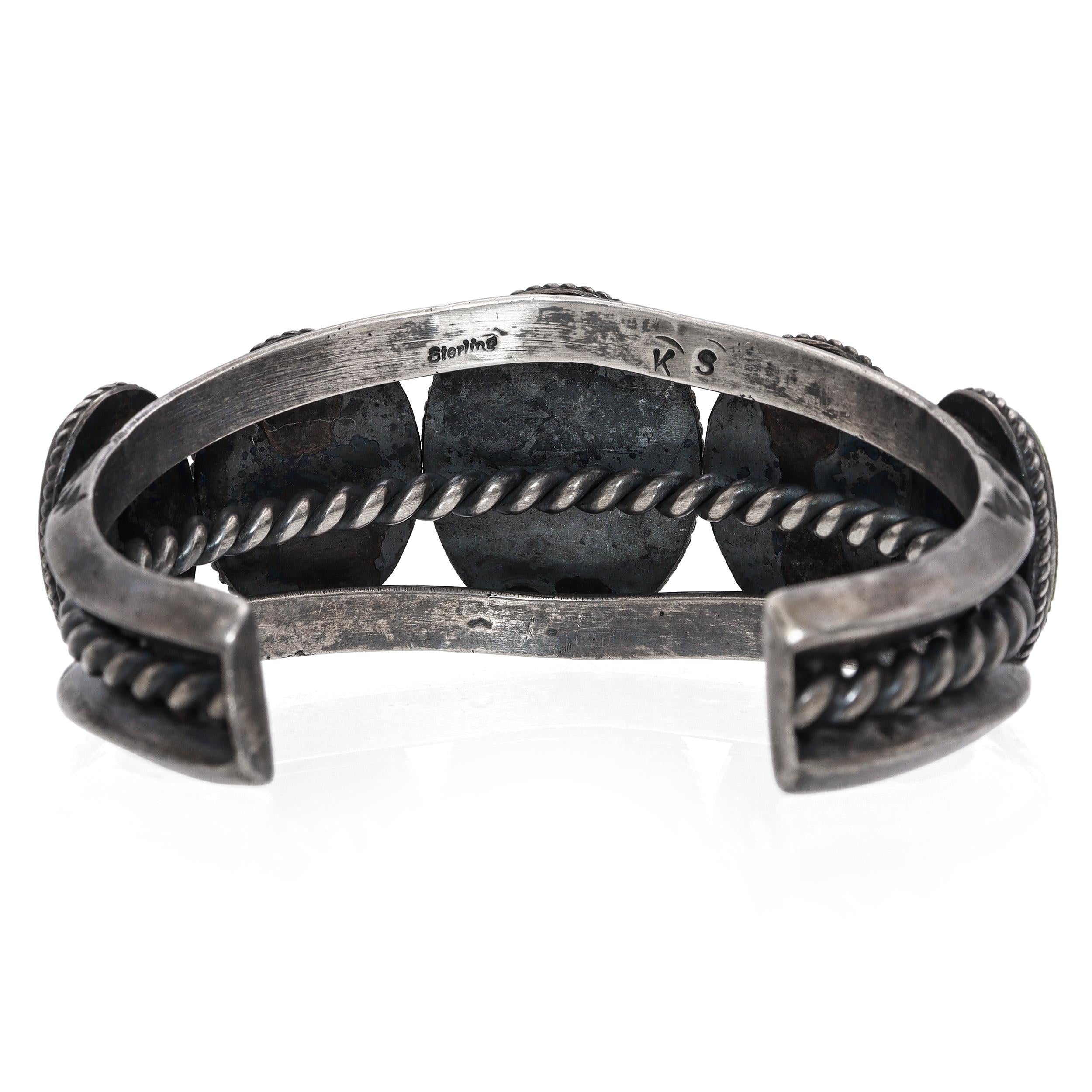 Vintage Navajo Sterling Silver Green Turquoise Five-Stone Cuff Bracelet