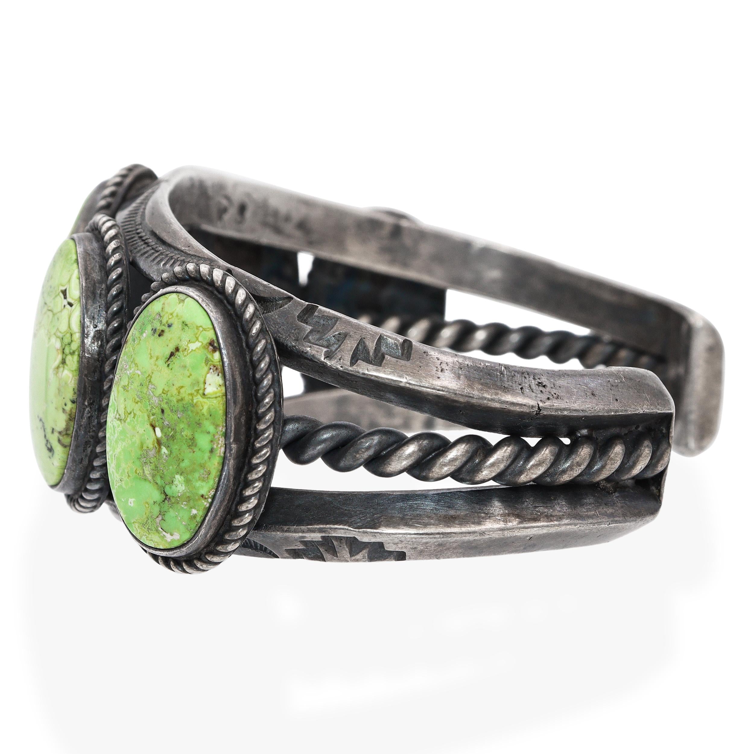 Vintage Navajo Sterling Silver Green Turquoise Five-Stone Cuff Bracelet