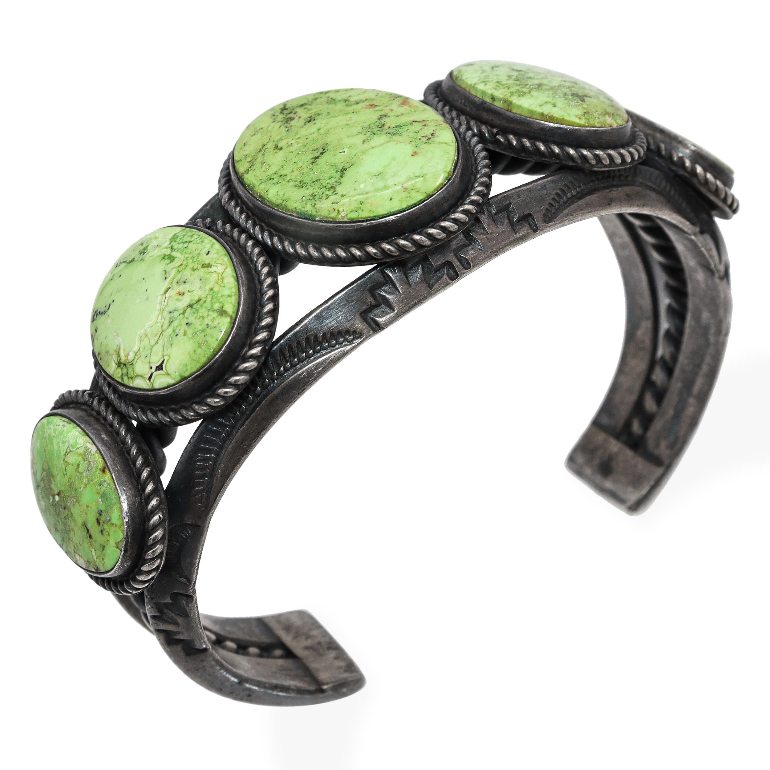 Vintage Navajo Sterling Silver Green Turquoise Five-Stone Cuff Bracelet
