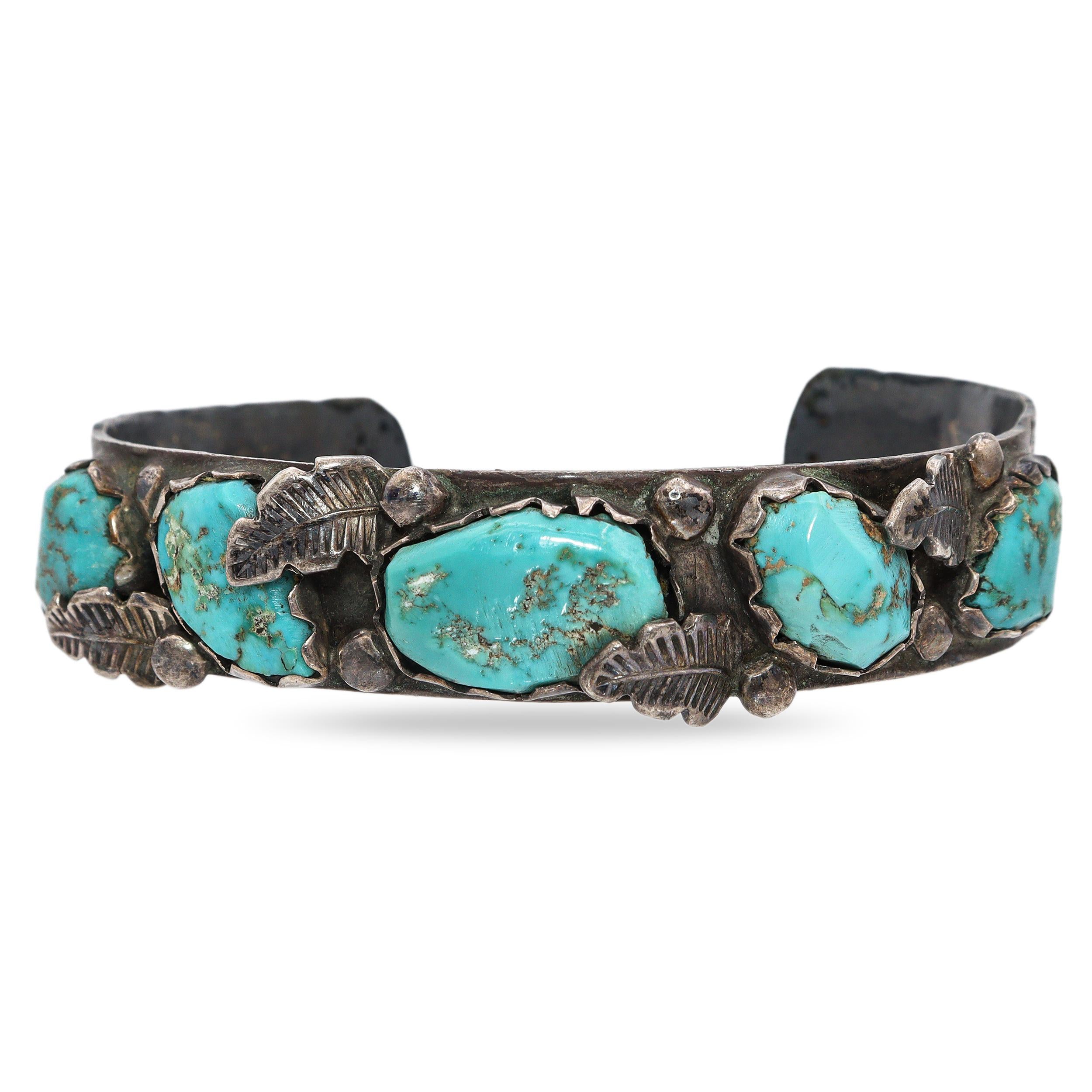 Vintage Navajo ML Signed Sterling Silver Turquoise & Leaf Design Cuff Bracelet