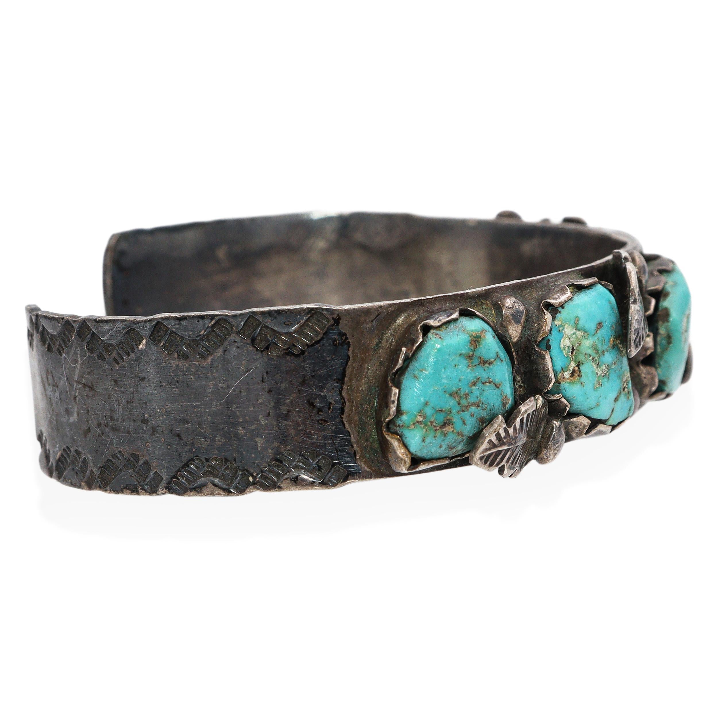 Vintage Navajo ML Signed Sterling Silver Turquoise & Leaf Design Cuff Bracelet