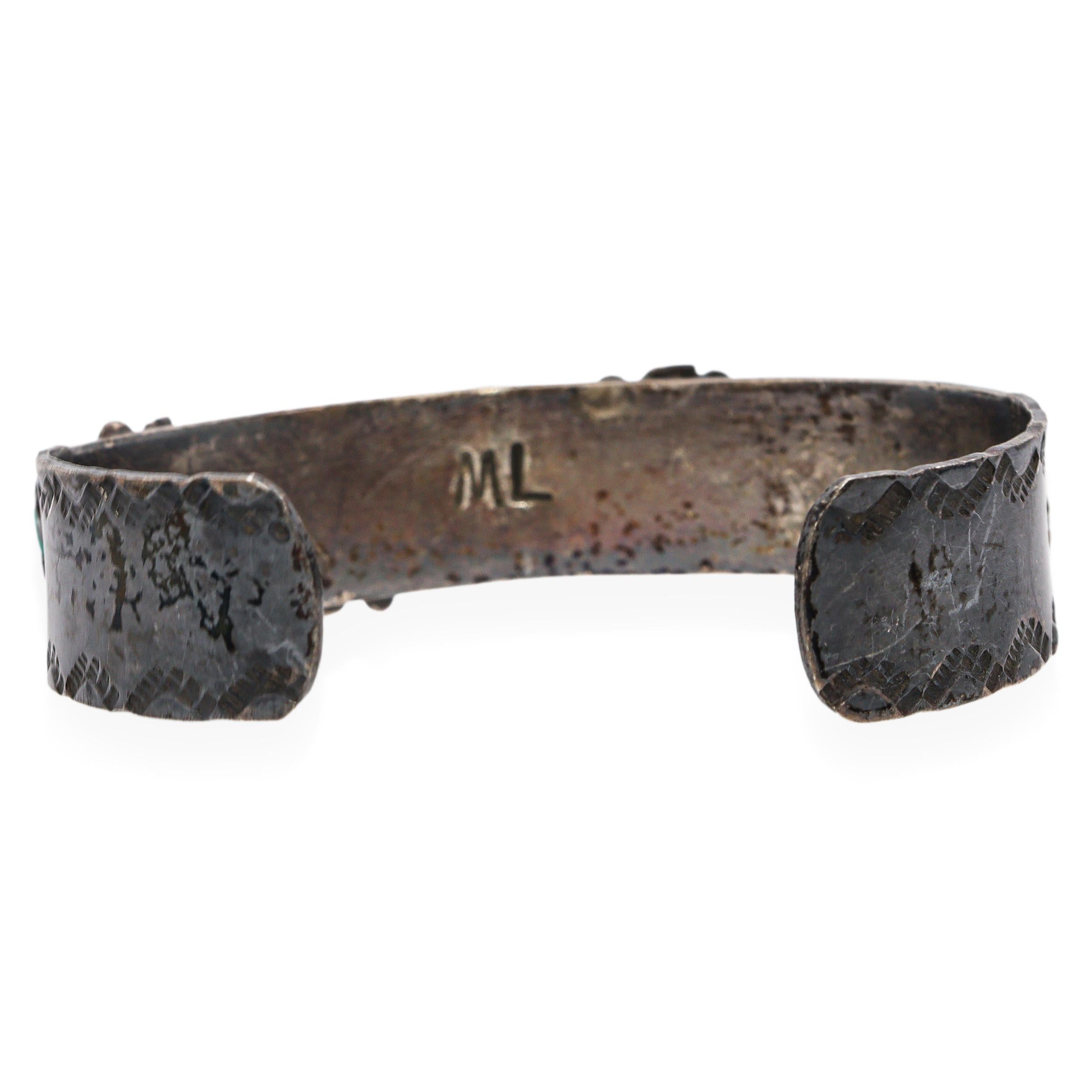 Vintage Navajo ML Signed Sterling Silver Turquoise & Leaf Design Cuff Bracelet