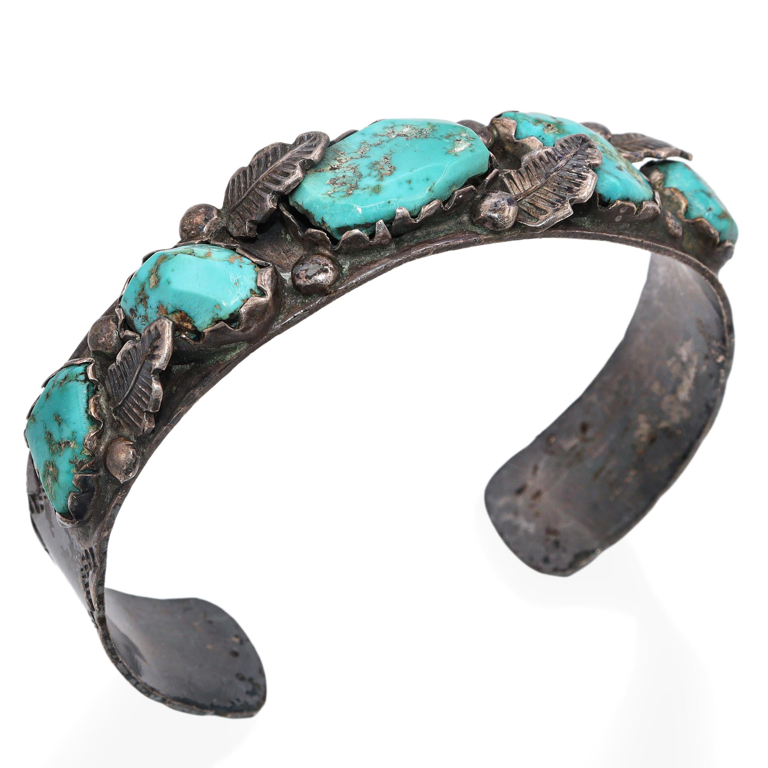Vintage Navajo ML Signed Sterling Silver Turquoise & Leaf Design Cuff Bracelet