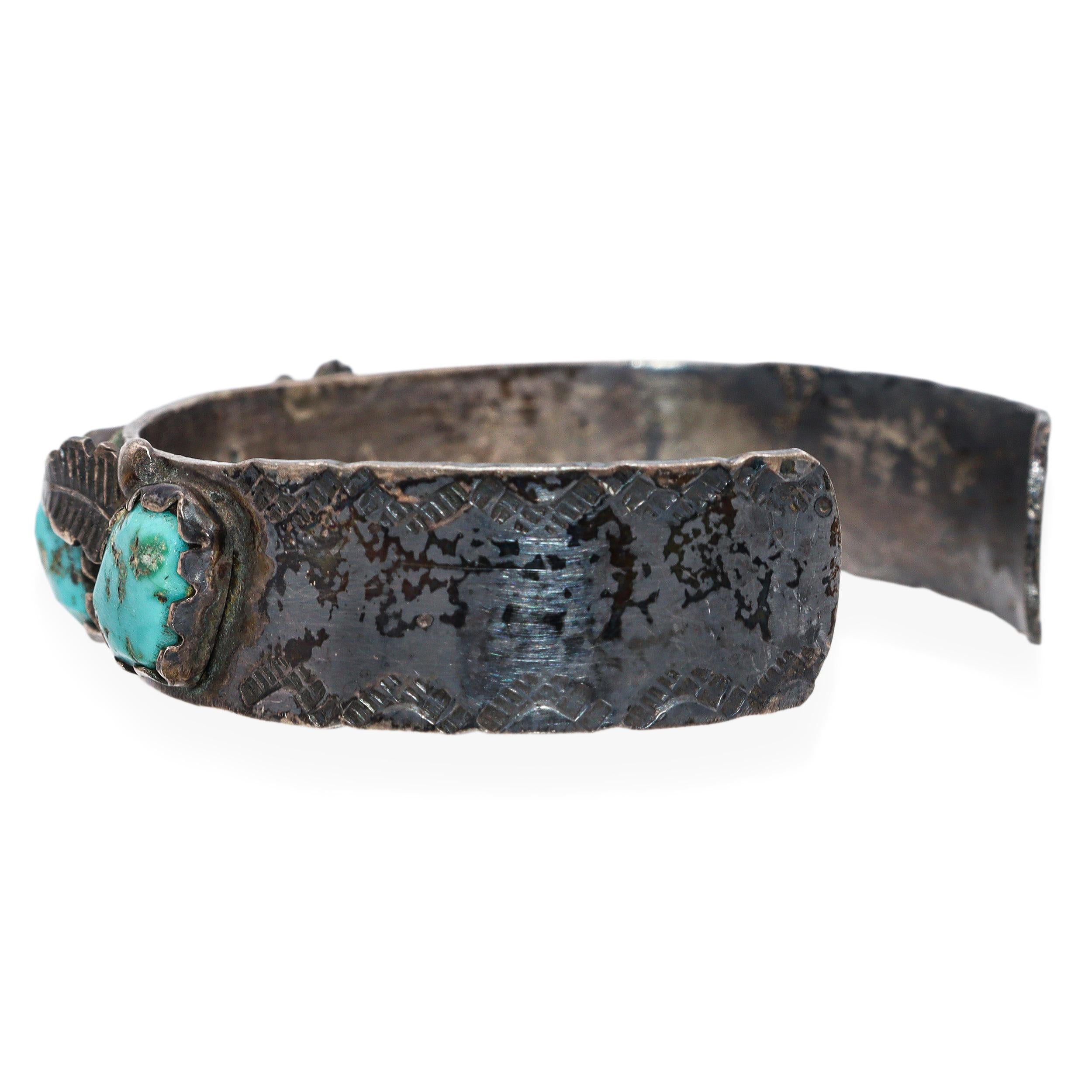 Vintage Navajo ML Signed Sterling Silver Turquoise & Leaf Design Cuff Bracelet