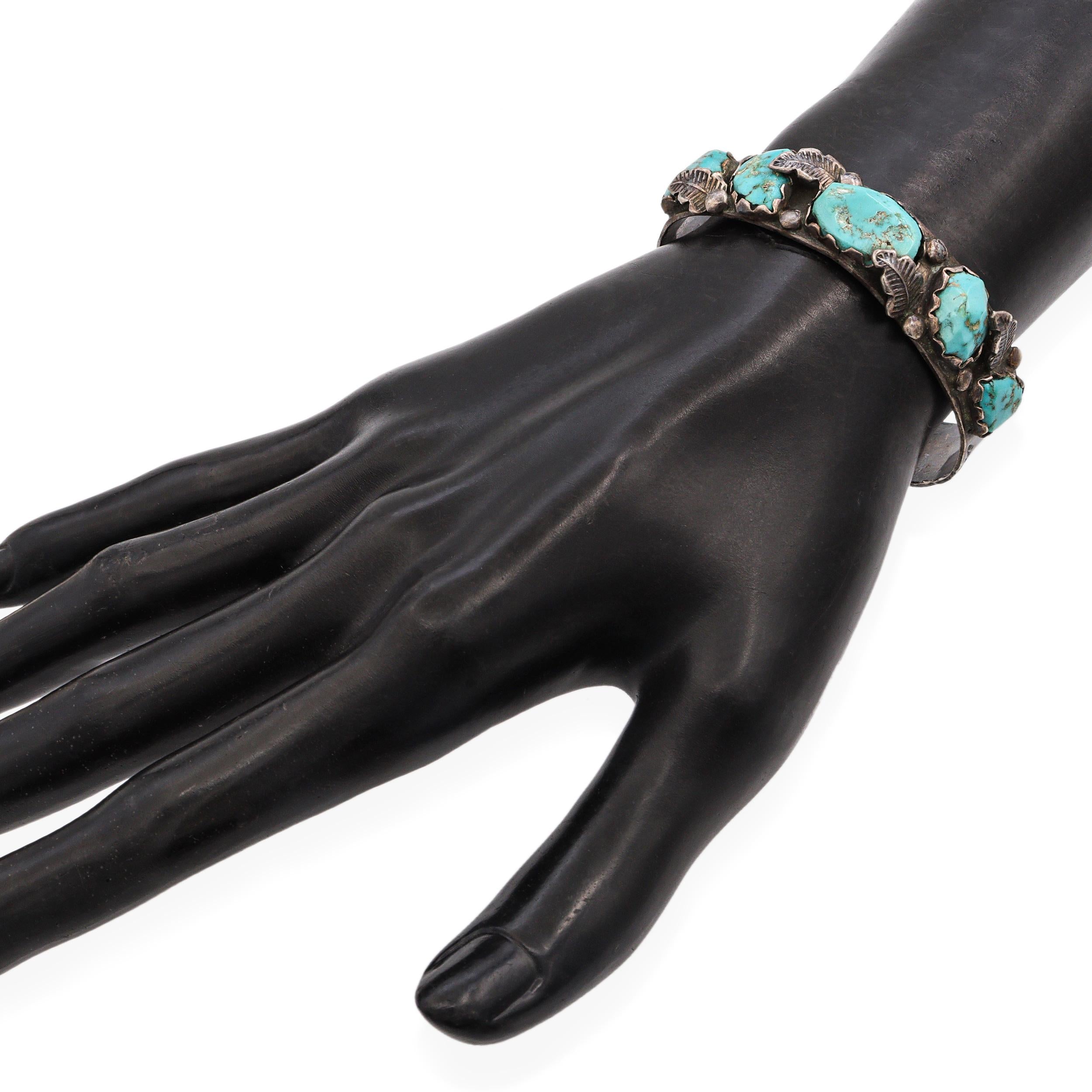 Vintage Navajo ML Signed Sterling Silver Turquoise & Leaf Design Cuff Bracelet