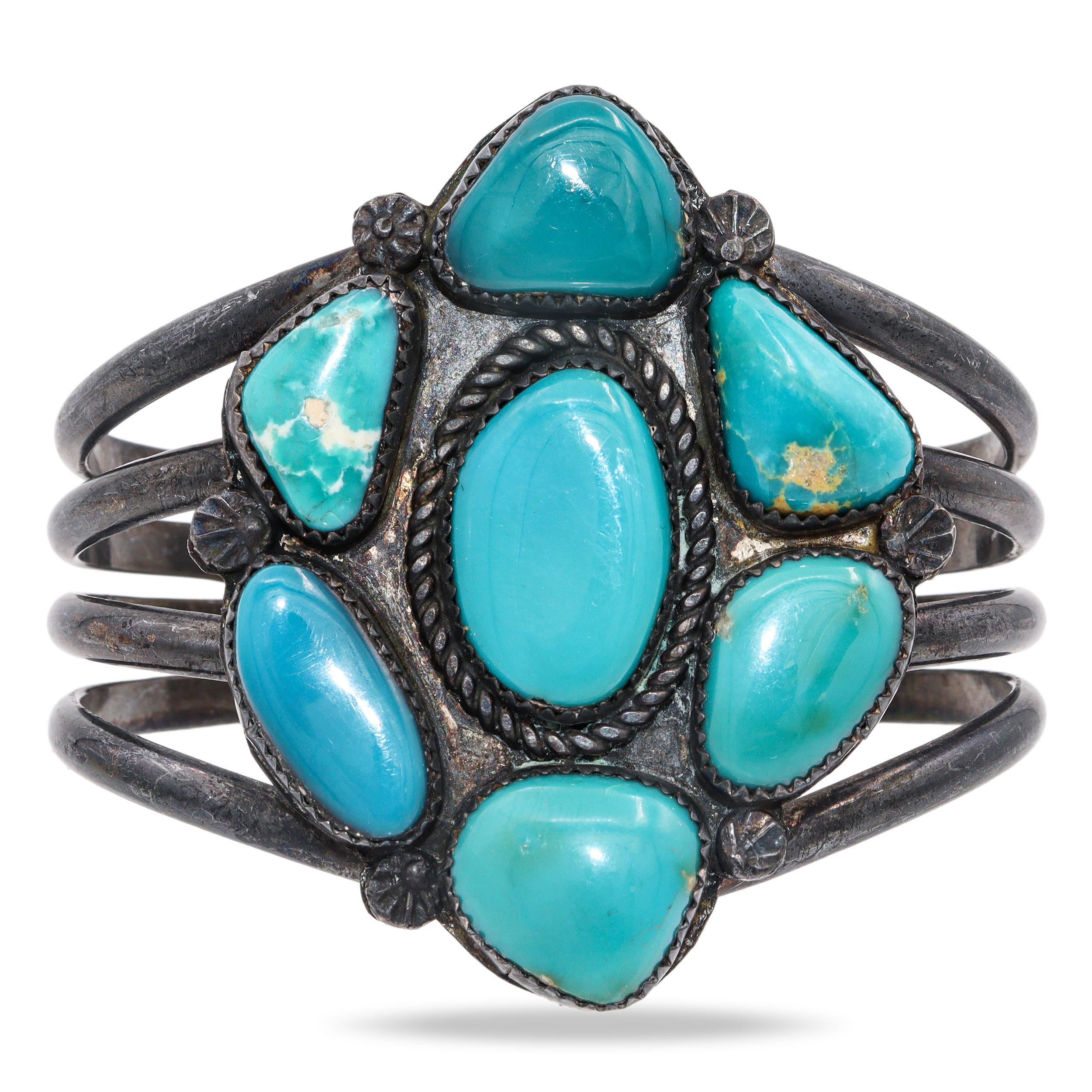 Vintage Navajo Native American Sterling Silver Turquoise Cluster Cuff Bracelet