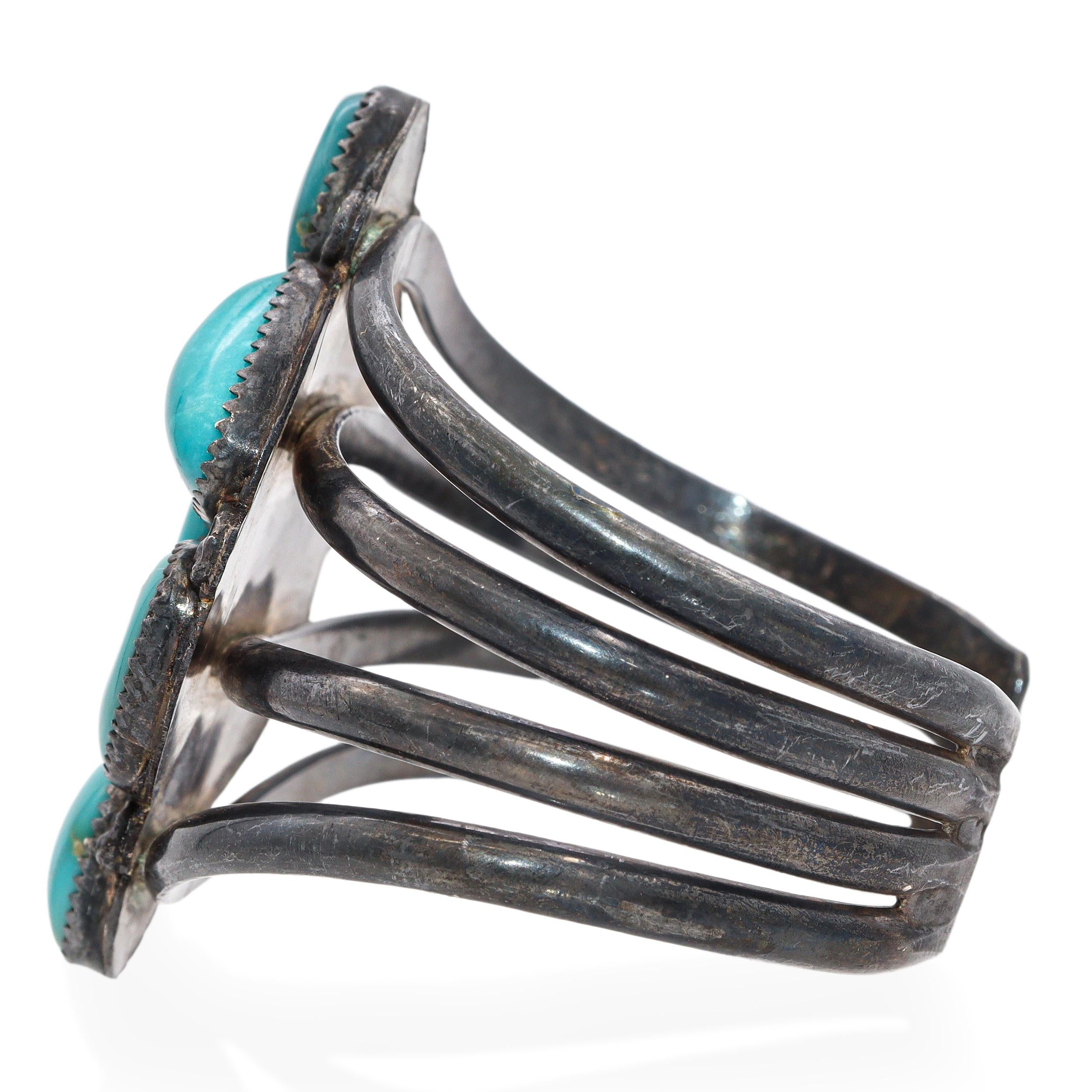 Vintage Navajo Native American Sterling Silver Turquoise Cluster Cuff Bracelet