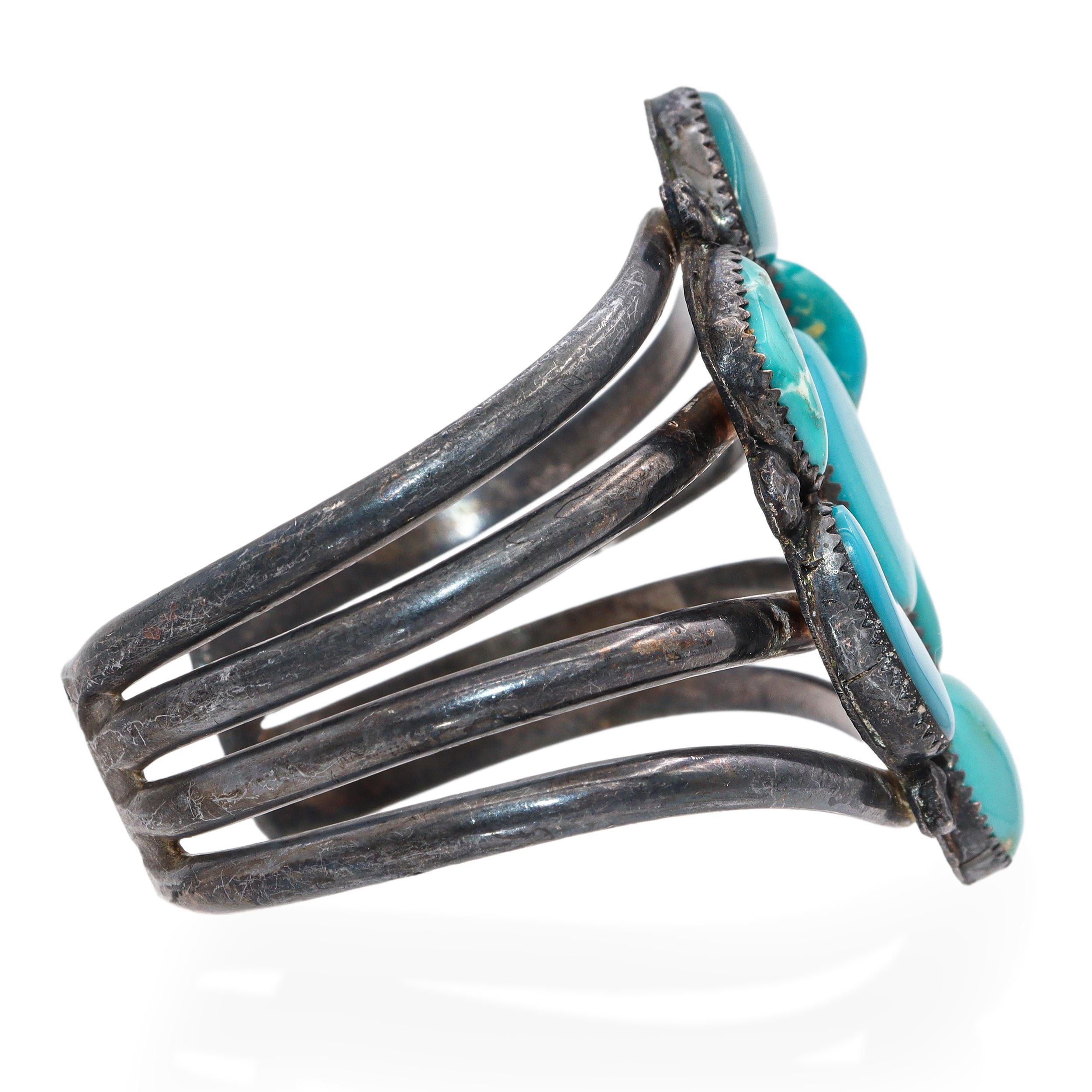 Vintage Navajo Native American Sterling Silver Turquoise Cluster Cuff Bracelet