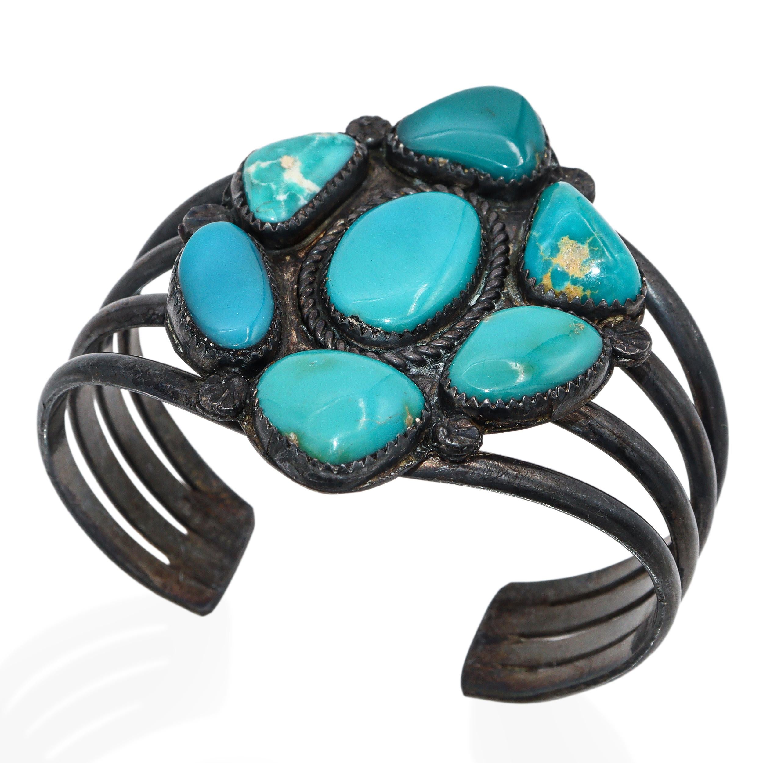 Vintage Navajo Native American Sterling Silver Turquoise Cluster Cuff Bracelet