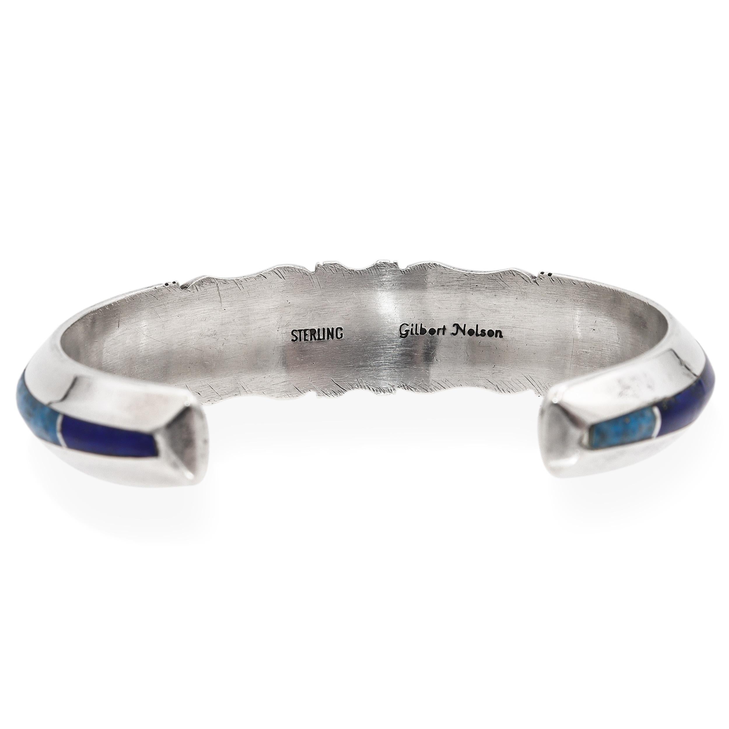 Vintage Navajo Gilbert Nelson Sterling Silver Multi-Stone Inlay Cuff Bracelet