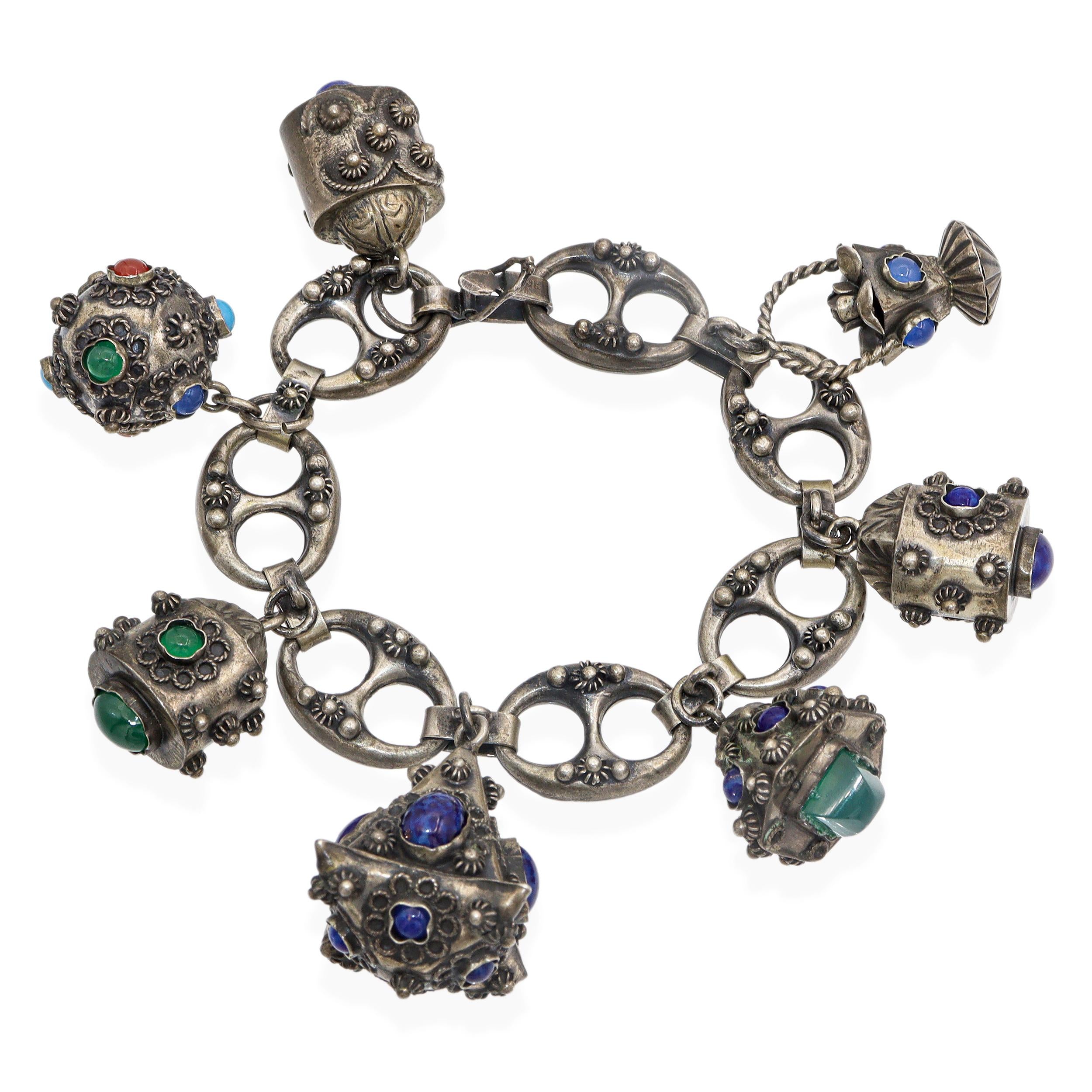 Antique Etruscan Revival Silver Multi-Gemstone Charm Bracelet