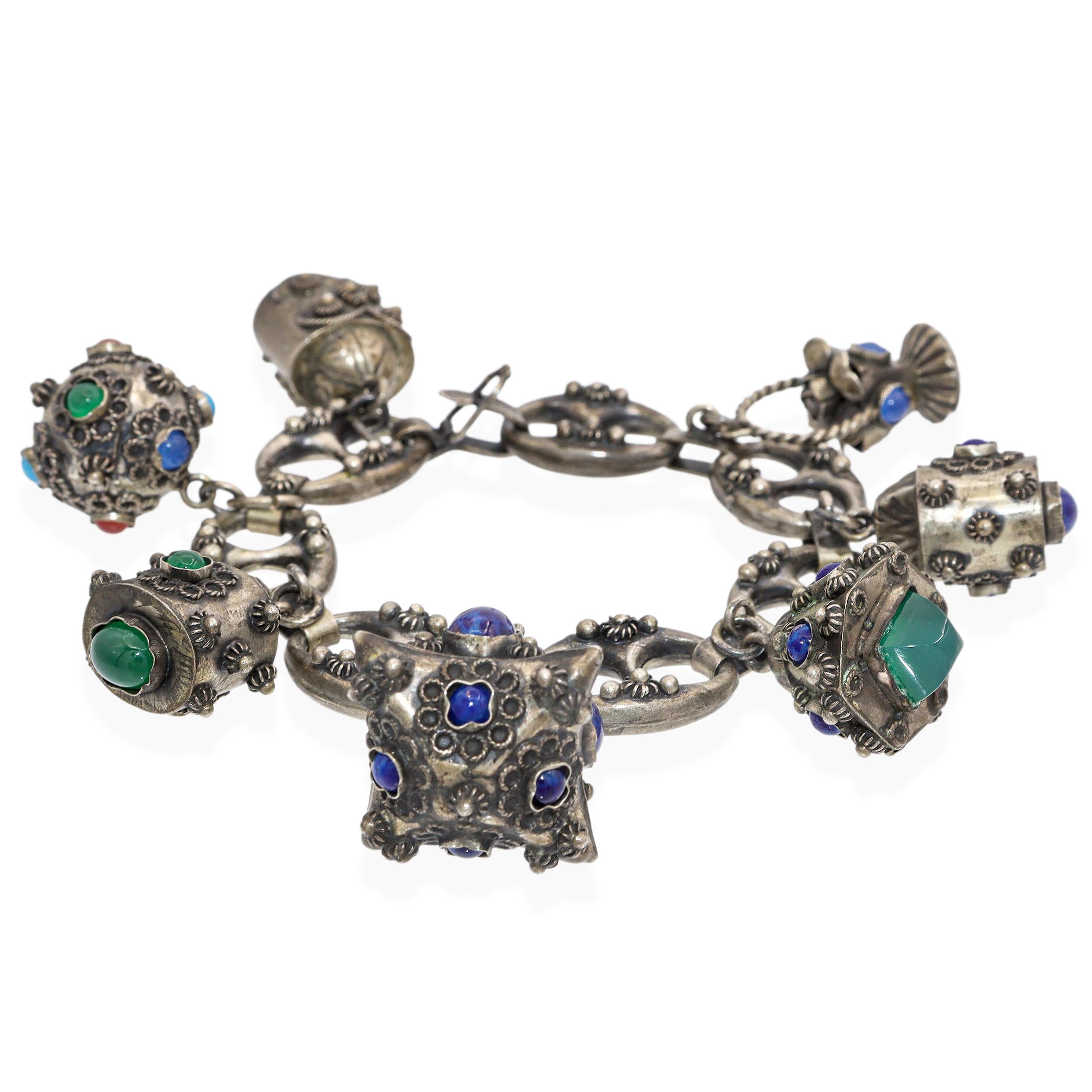 Antique Etruscan Revival Silver Multi-Gemstone Charm Bracelet