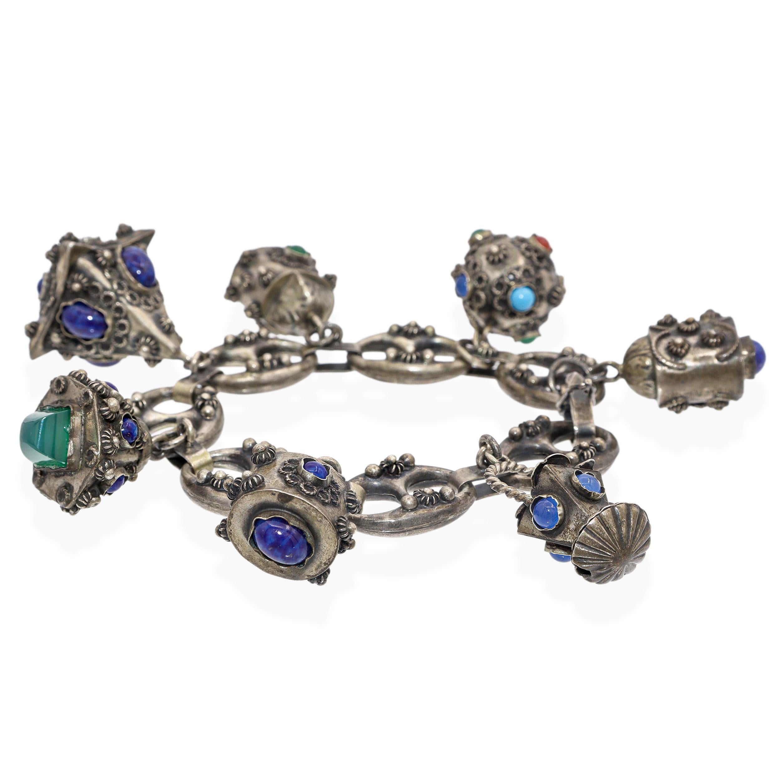 Antique Etruscan Revival Silver Multi-Gemstone Charm Bracelet