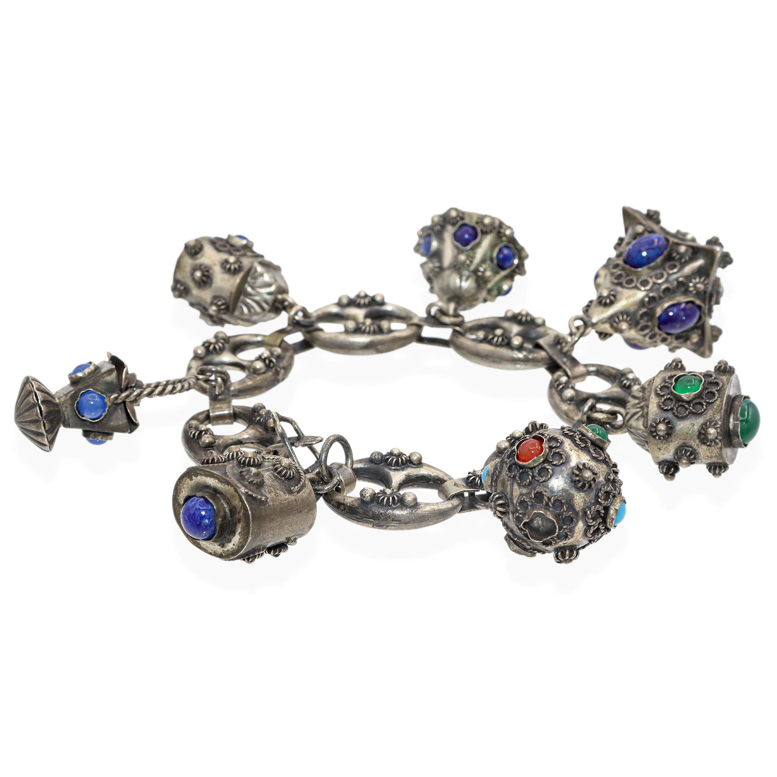 Antique Etruscan Revival Silver Multi-Gemstone Charm Bracelet