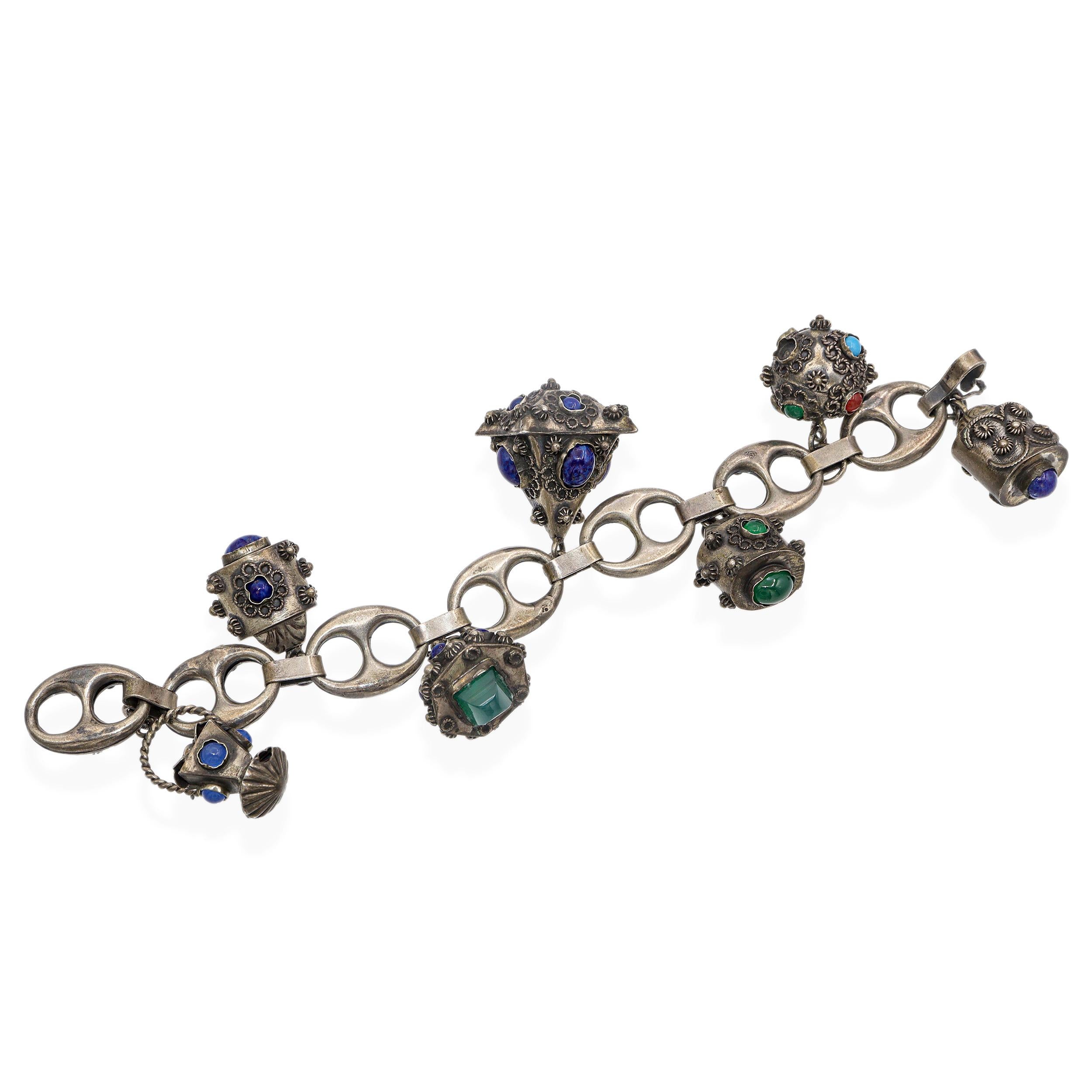Antique Etruscan Revival Silver Multi-Gemstone Charm Bracelet