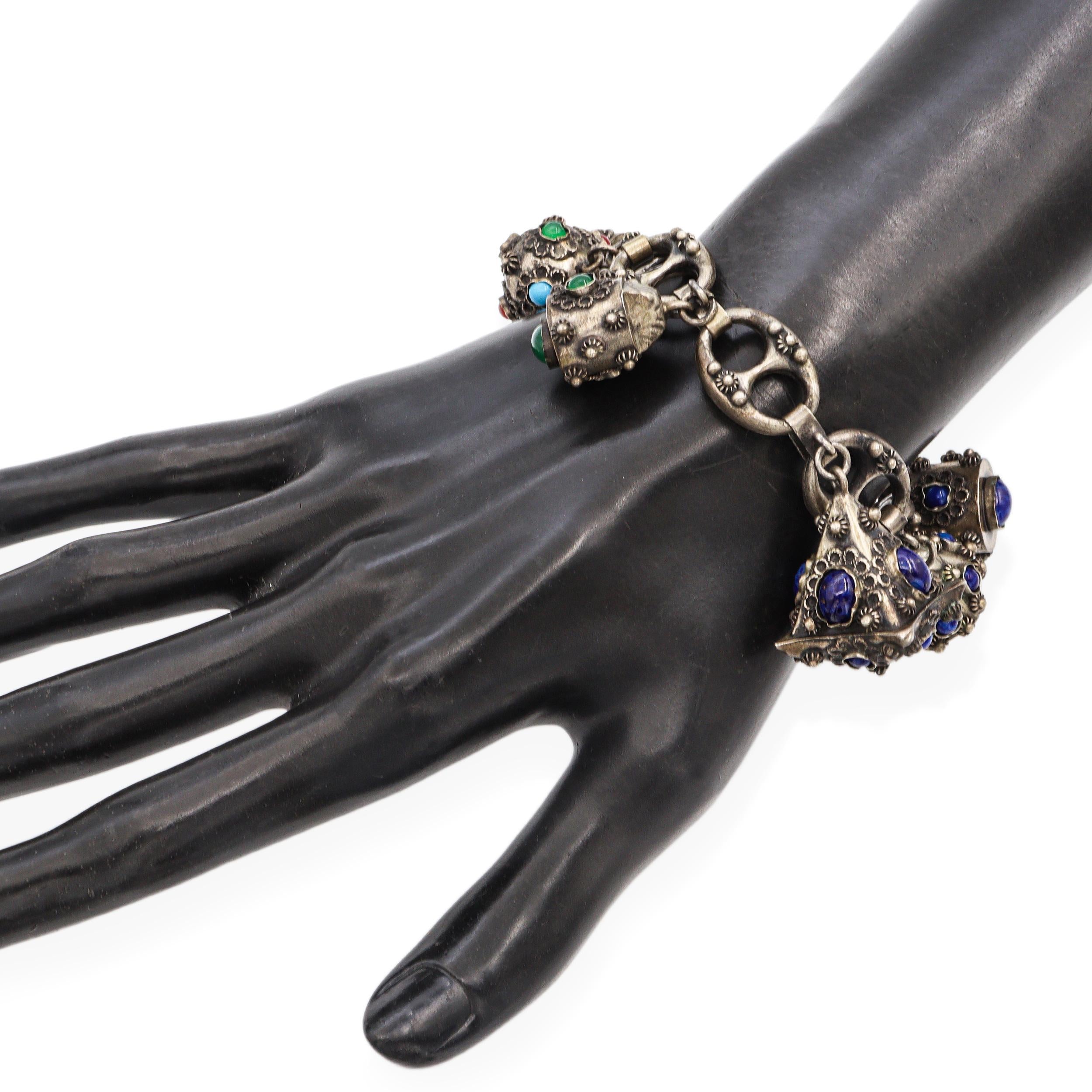 Antique Etruscan Revival Silver Multi-Gemstone Charm Bracelet