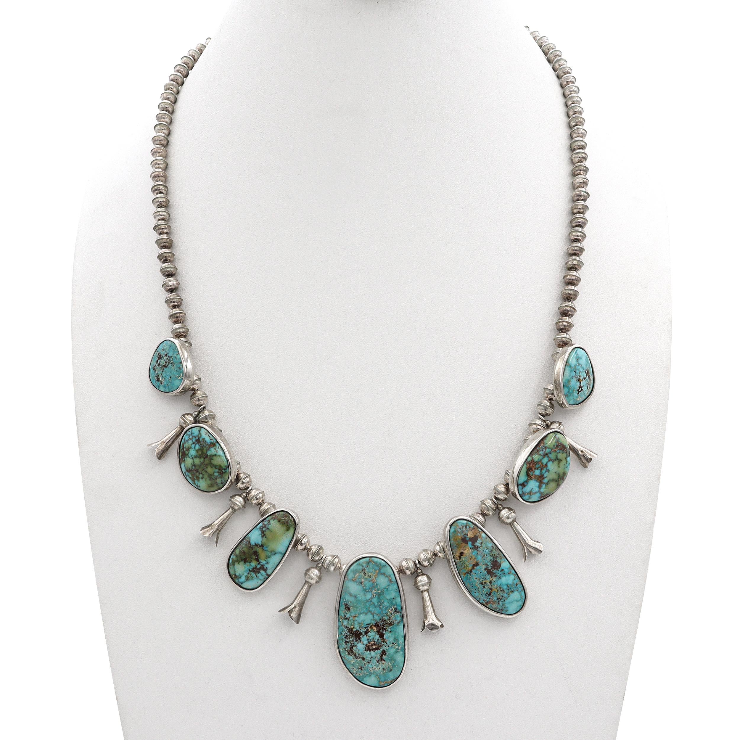 Vintage Navajo Native American Sterling Silver Turquoise Squash Blossom Necklace