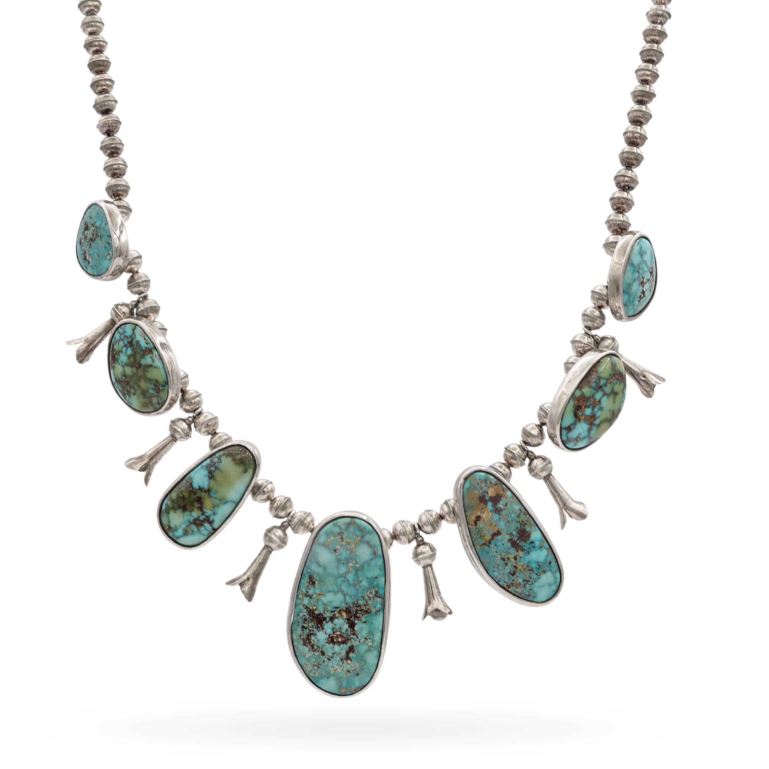 Vintage Navajo Native American Sterling Silver Turquoise Squash Blossom Necklace