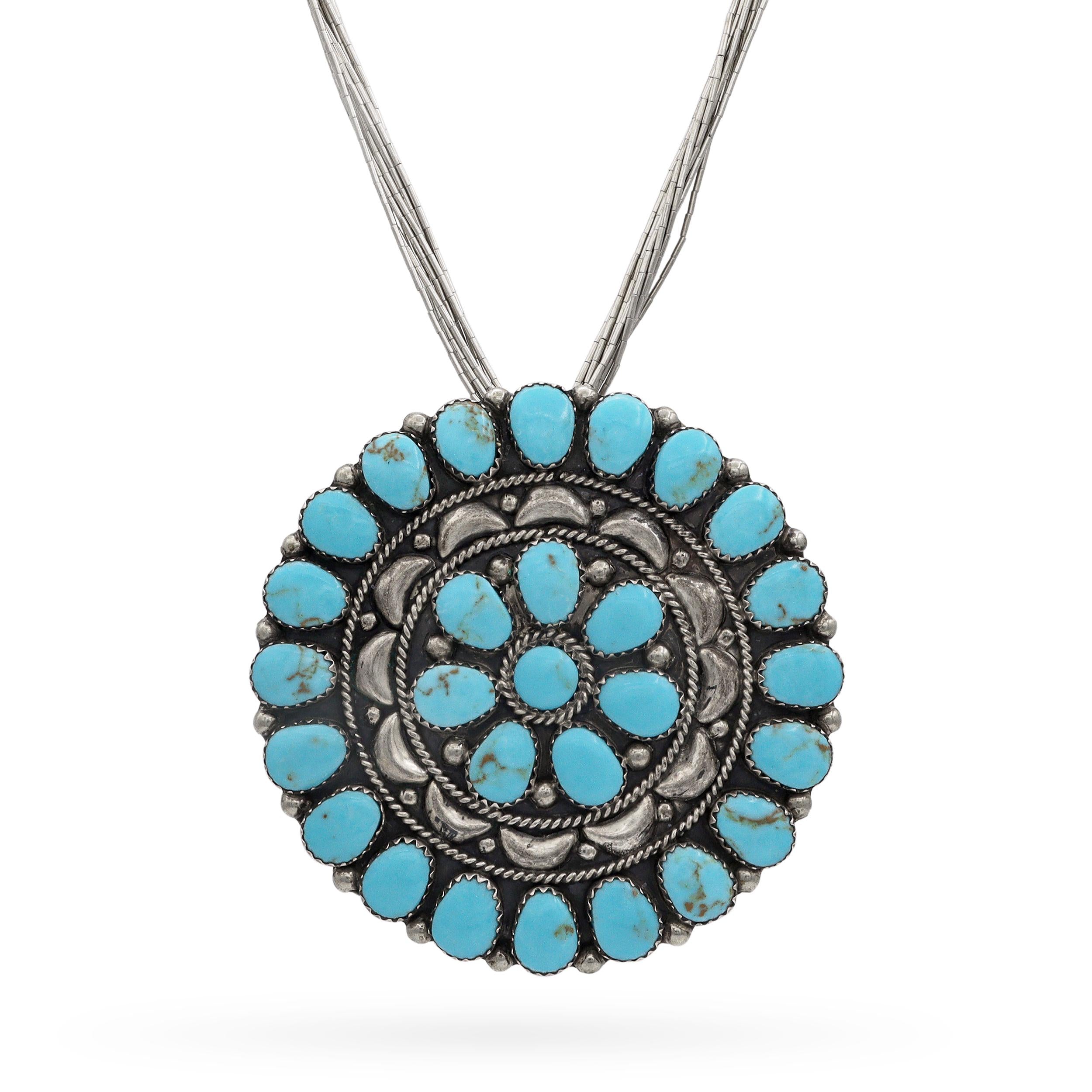 Vintage Navajo DB Signed Sterling Silver Turquoise Cluster Brooch Necklace