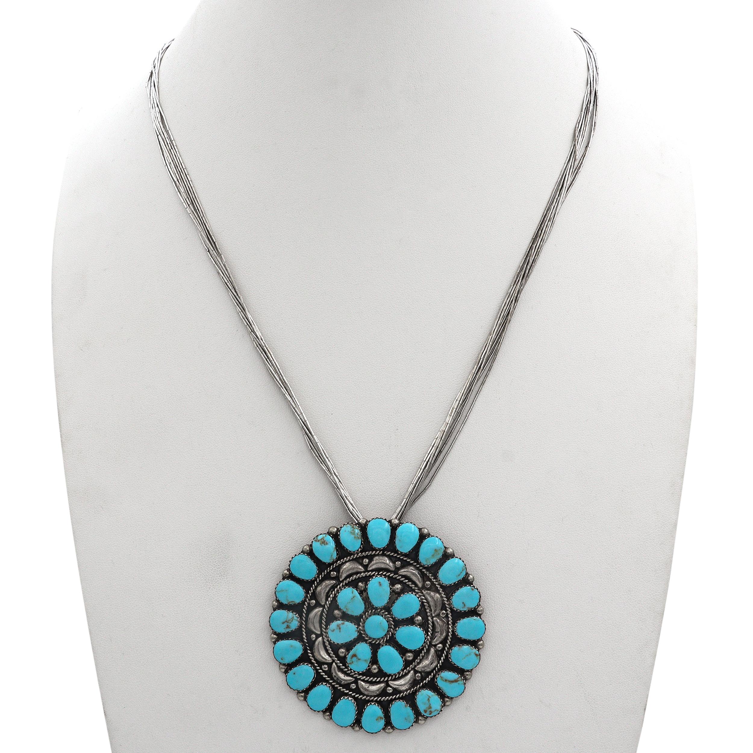 Vintage Navajo DB Signed Sterling Silver Turquoise Cluster Brooch Necklace