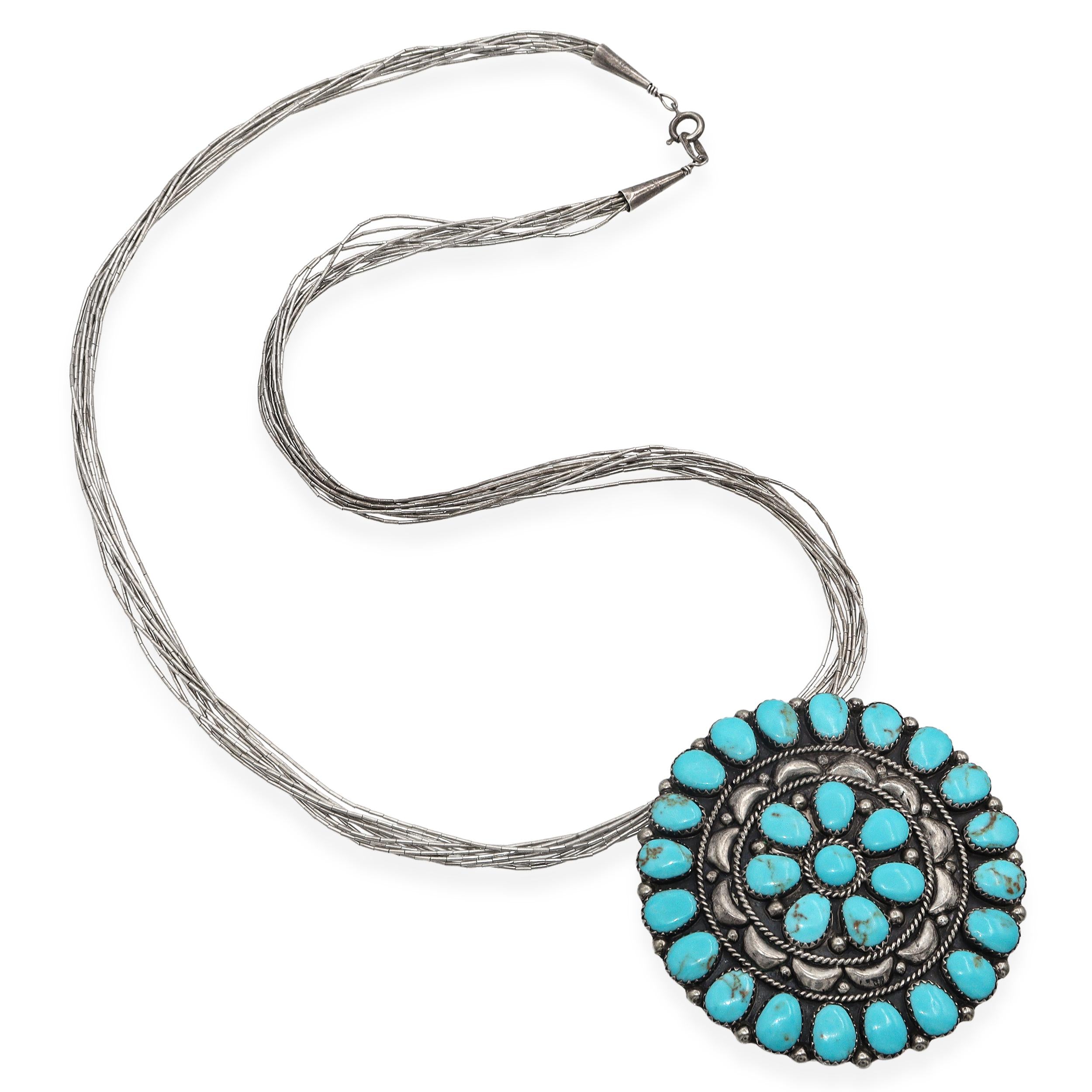 Vintage Navajo DB Signed Sterling Silver Turquoise Cluster Brooch Necklace