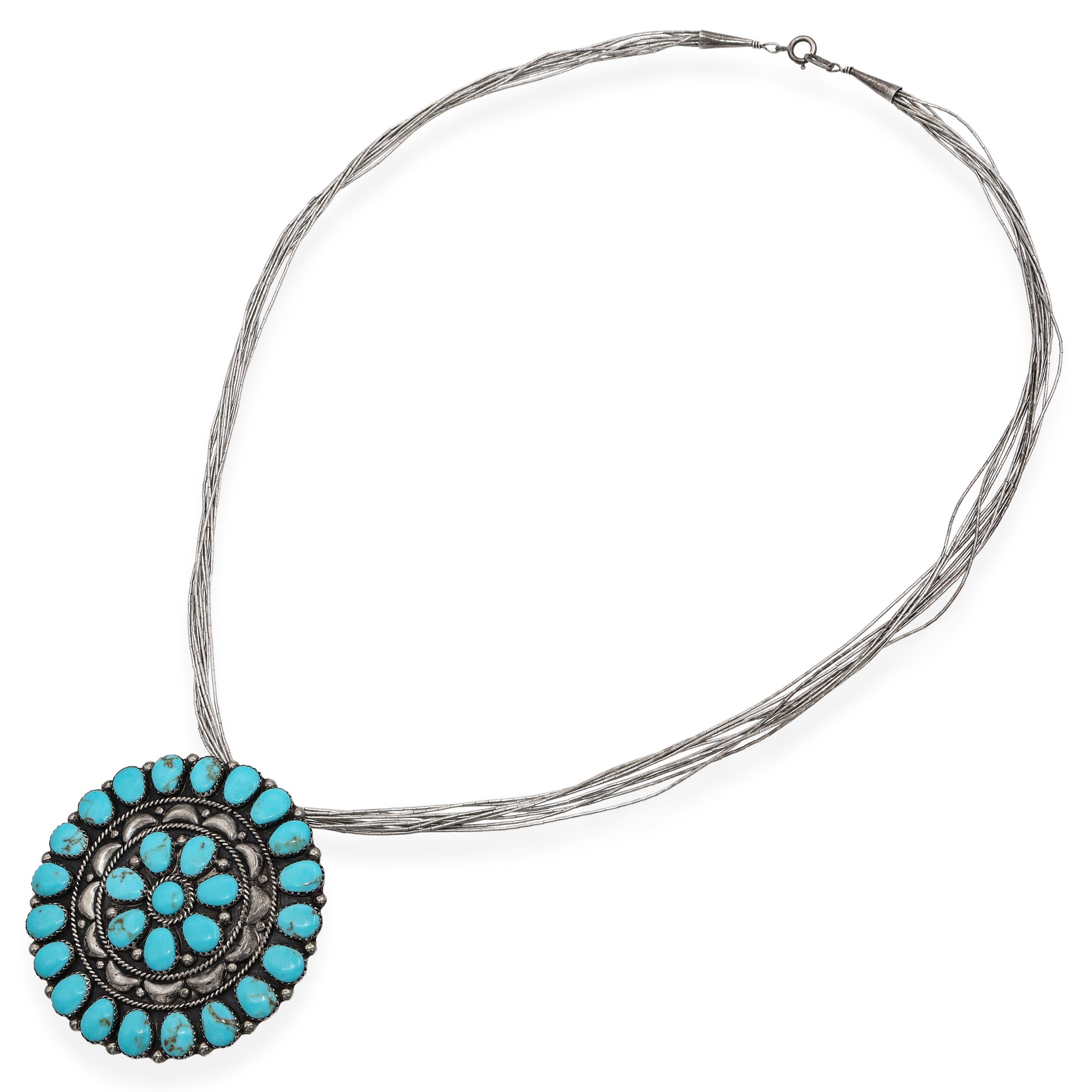 Vintage Navajo DB Signed Sterling Silver Turquoise Cluster Brooch Necklace