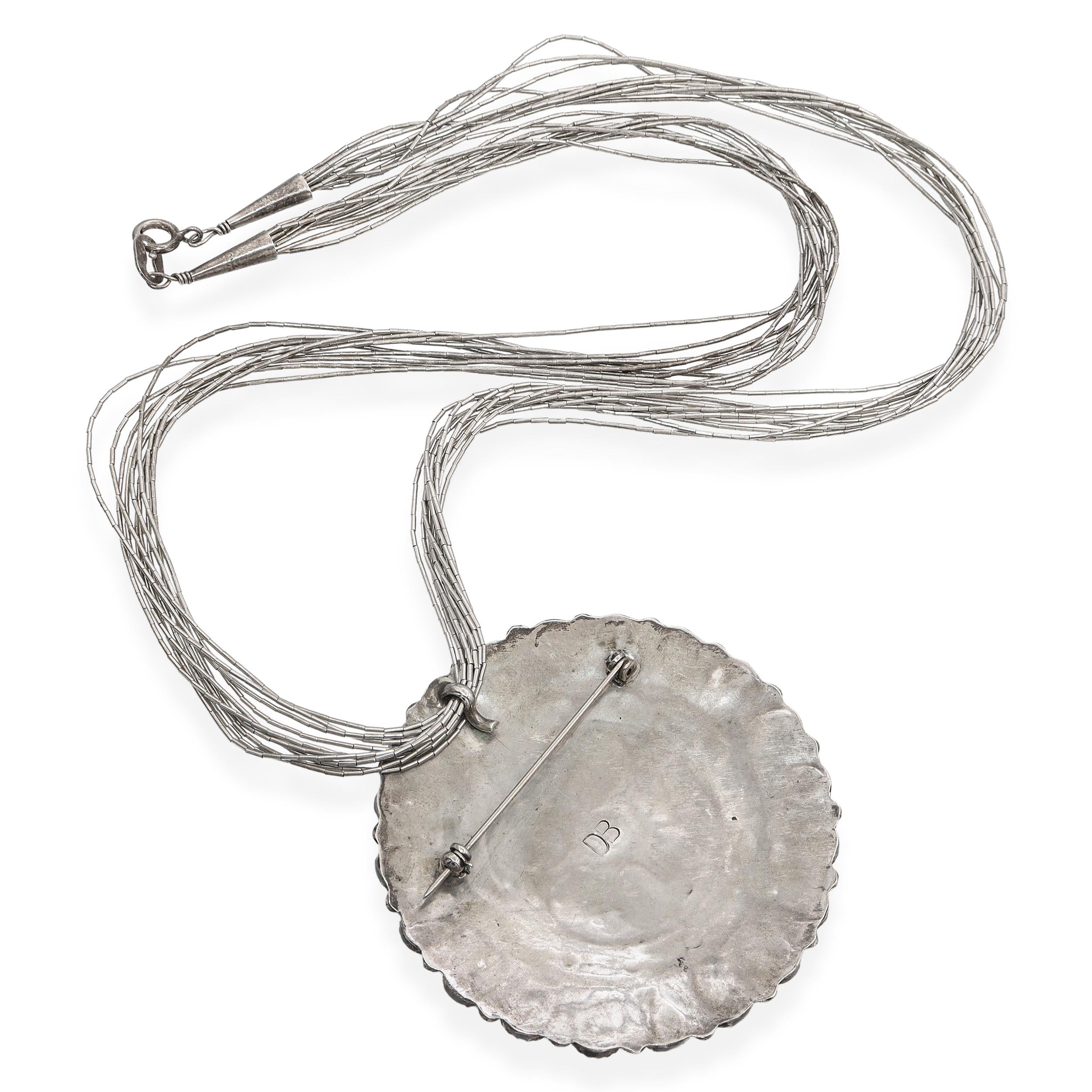 Vintage Navajo DB Signed Sterling Silver Turquoise Cluster Brooch Necklace