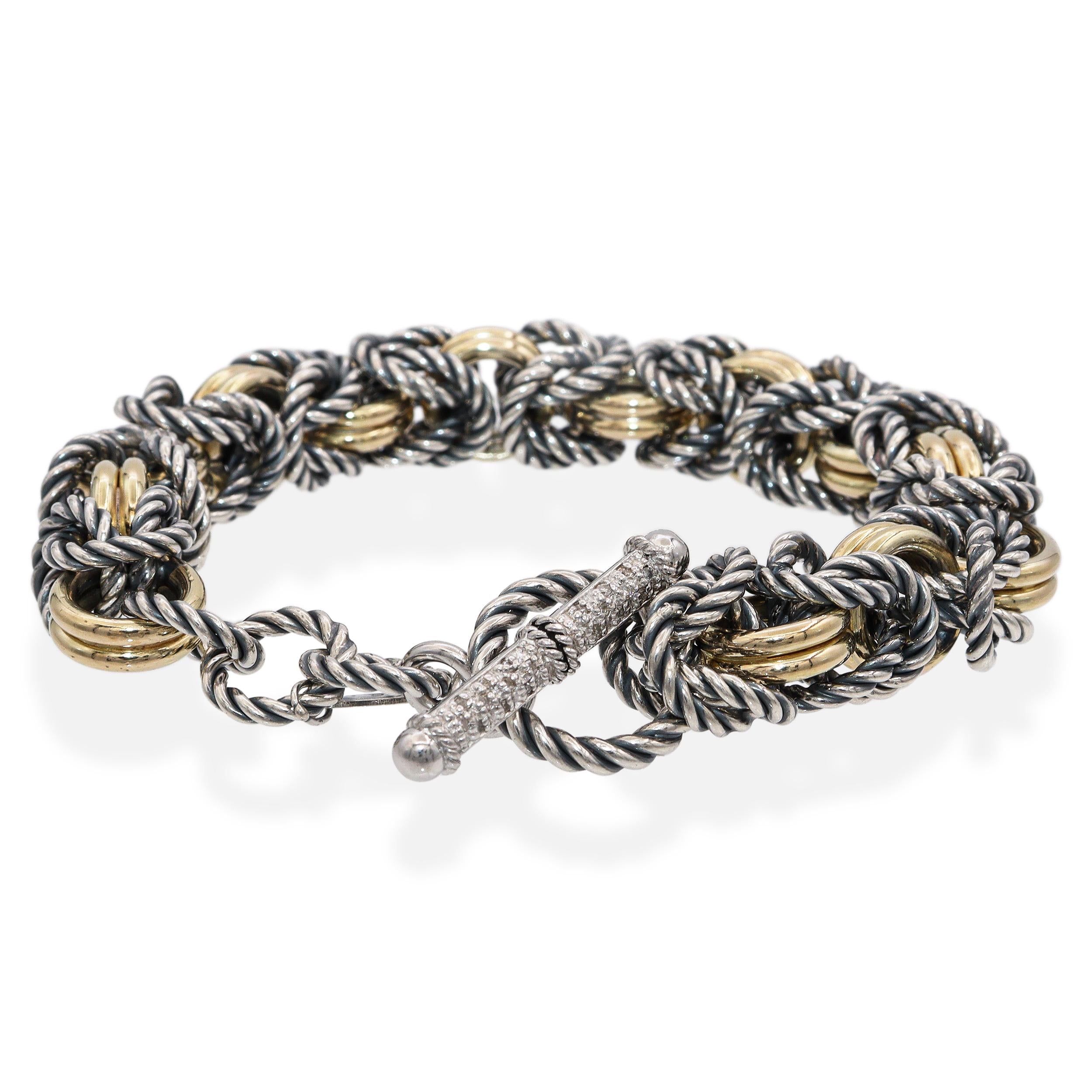14K Yellow Gold, Sterling Silver & Diamond Woven Link Toggle Bracelet
