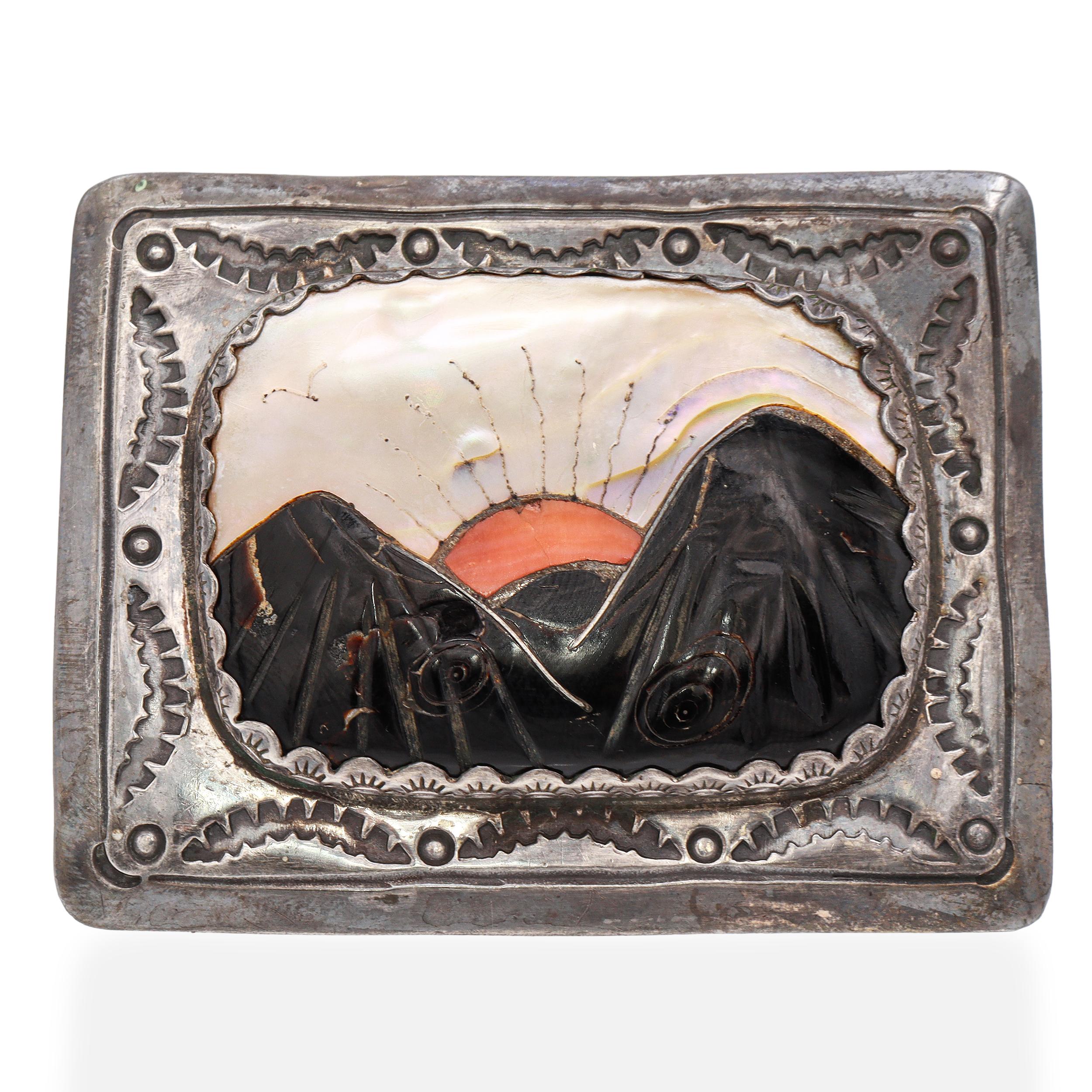 Vintage Signed Navajo Sterling Silver Multi-Stone Inlay Sunrise Belt Buckle