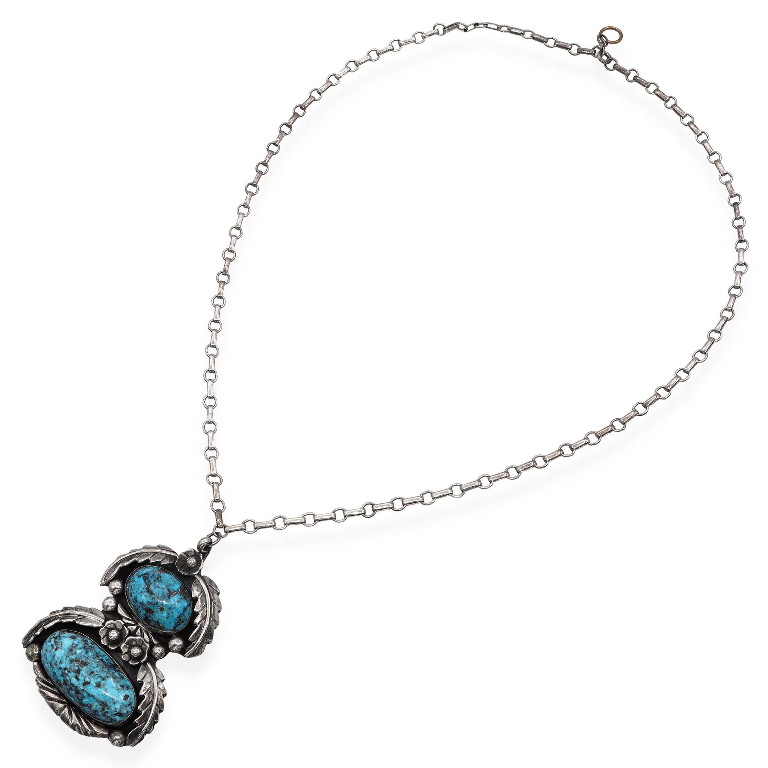 Vintage Navajo Tom Willetto Sterling Silver Turquoise Pendant Necklace