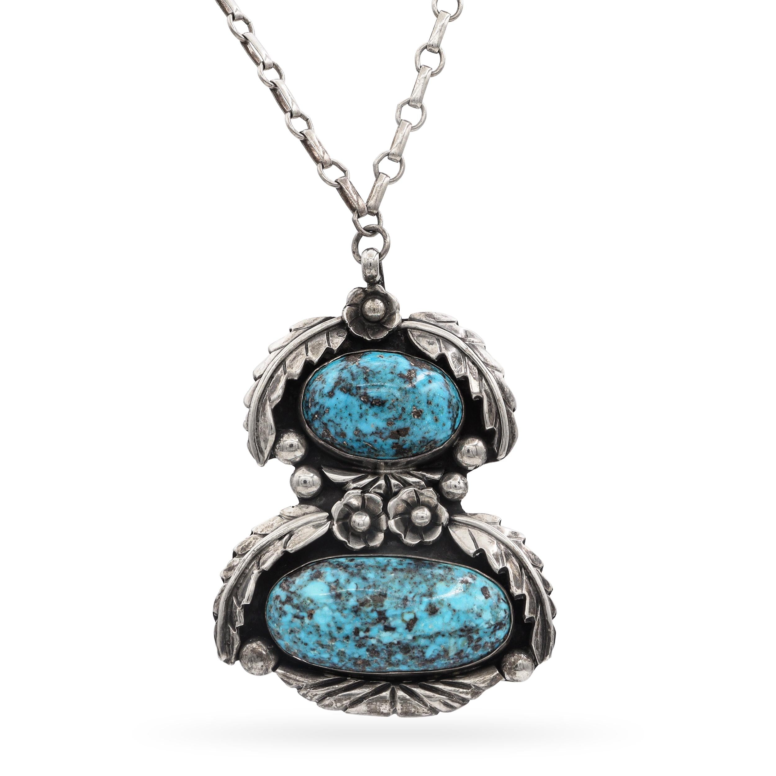 Vintage Navajo Tom Willetto Sterling Silver Turquoise Pendant Necklace