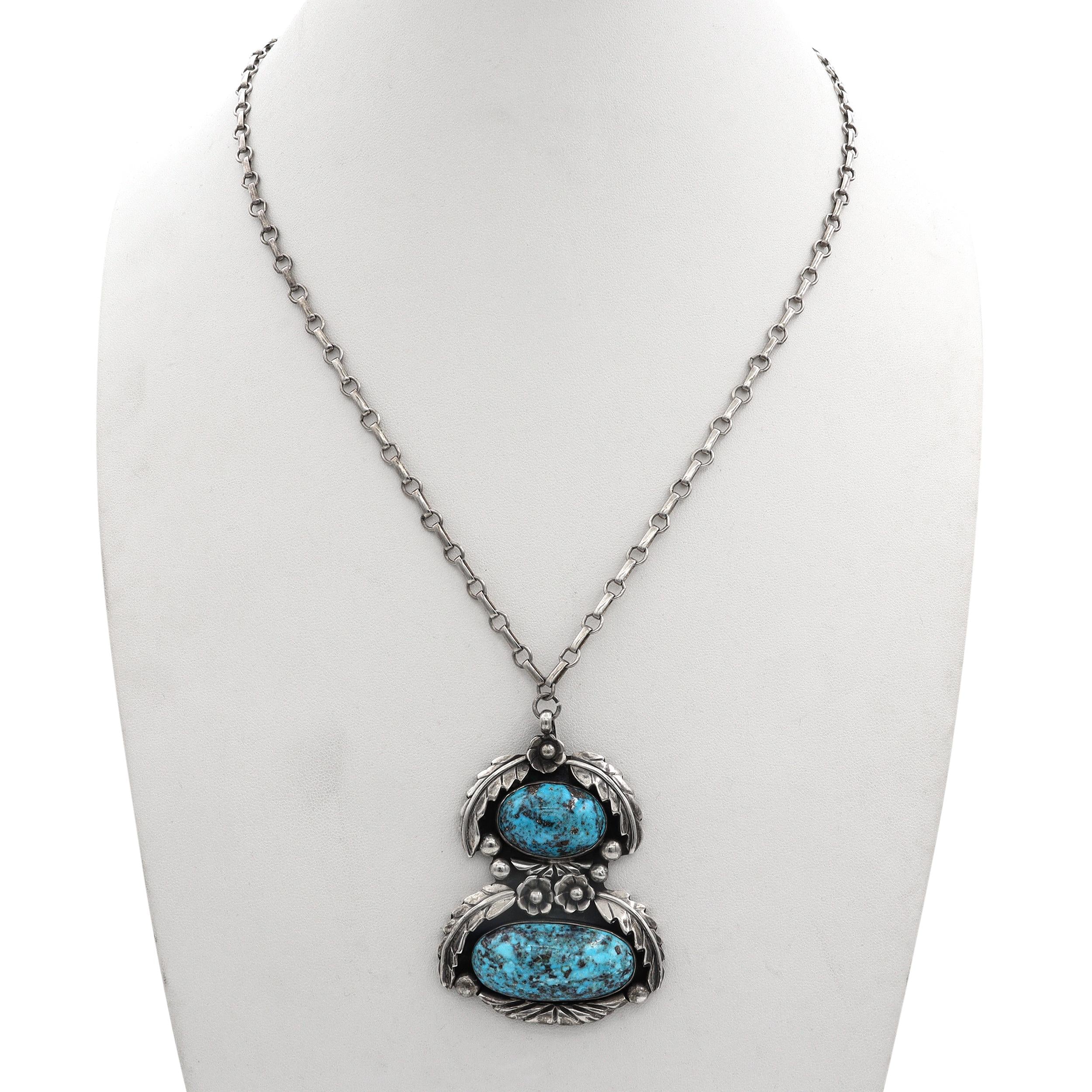 Vintage Navajo Tom Willetto Sterling Silver Turquoise Pendant Necklace