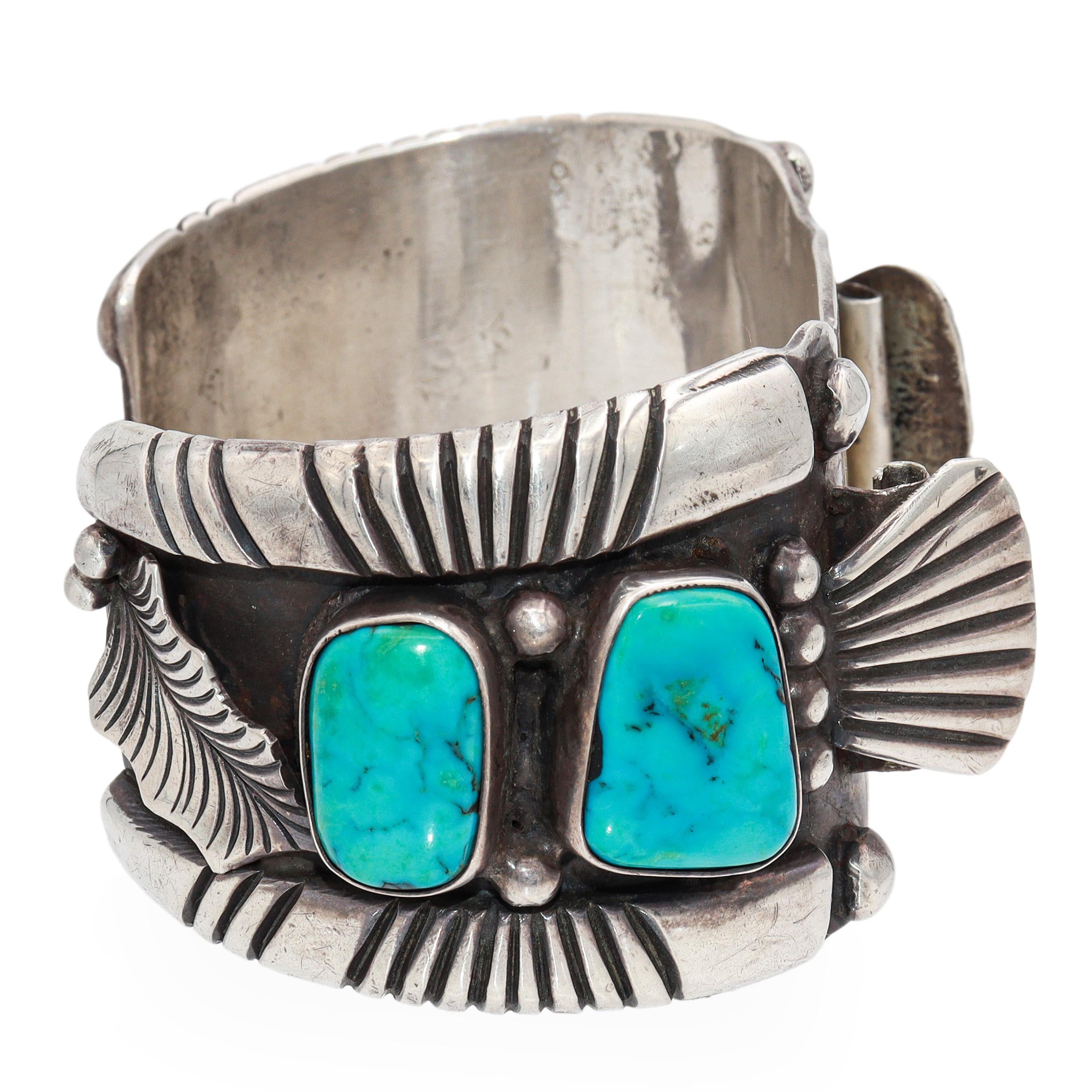 Vintage Southwestern Sterling Silver Turquoise Cuff Watch Bracelet