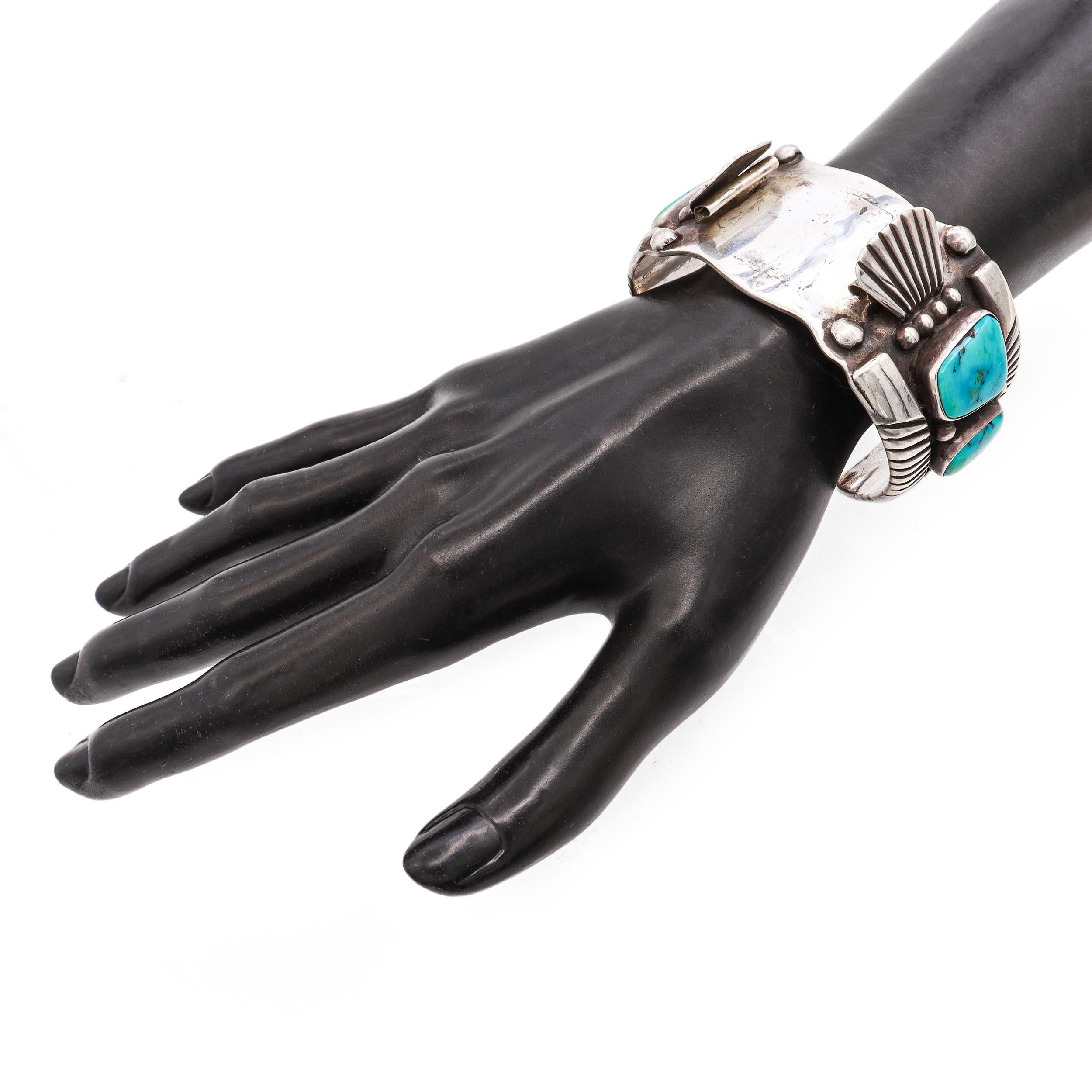 Vintage Southwestern Sterling Silver Turquoise Cuff Watch Bracelet