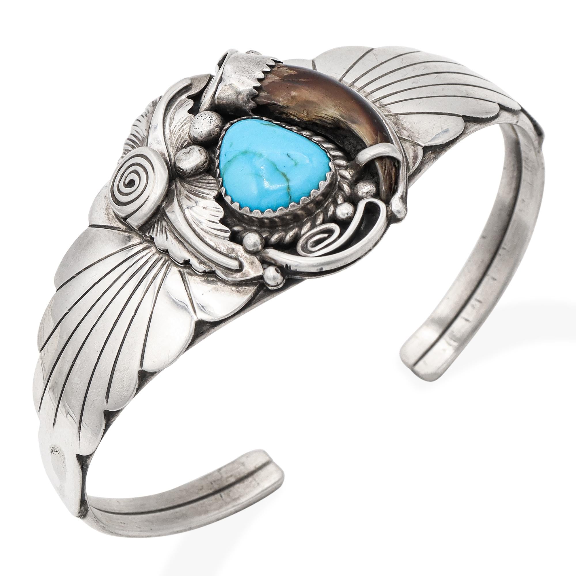 Vintage Native American J Sterling Silver Turquoise Bear Claw Cuff Bracelet