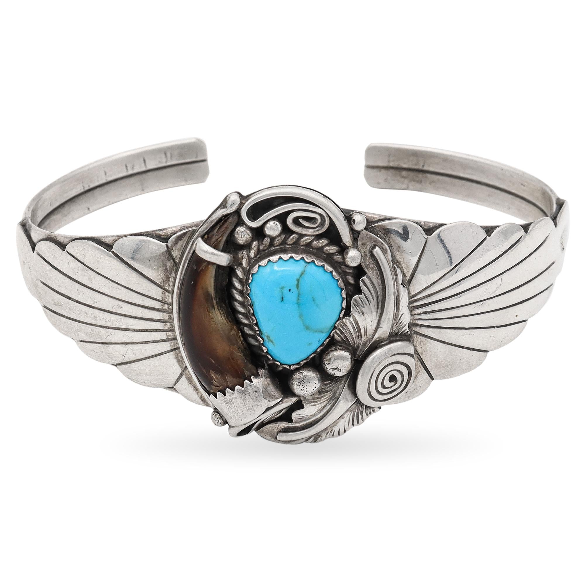 Vintage Native American J Sterling Silver Turquoise Bear Claw Cuff Bracelet