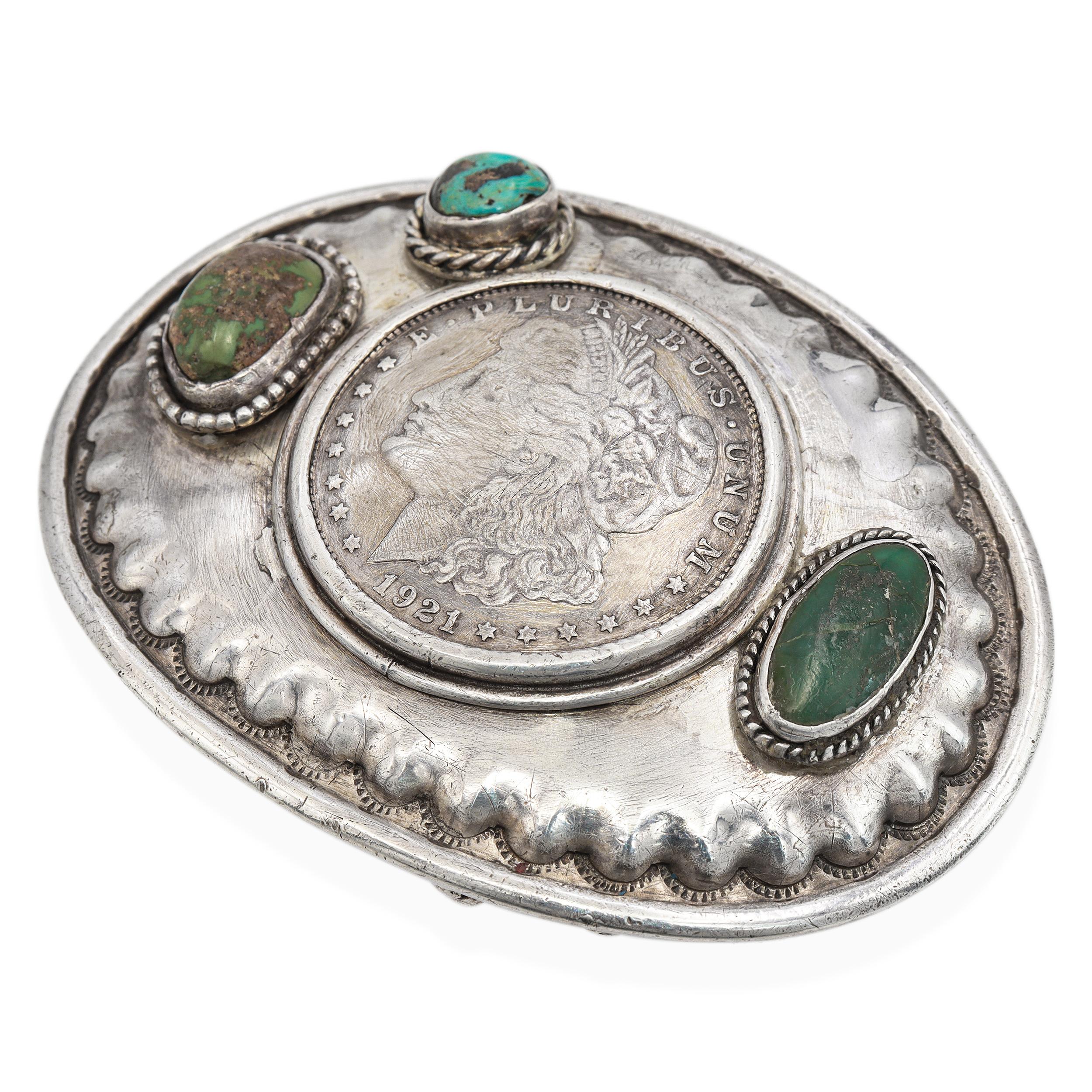 Vintage Signed Chepito Sterling Silver Turquoise 1921 Morgan Dollar Belt Buckle