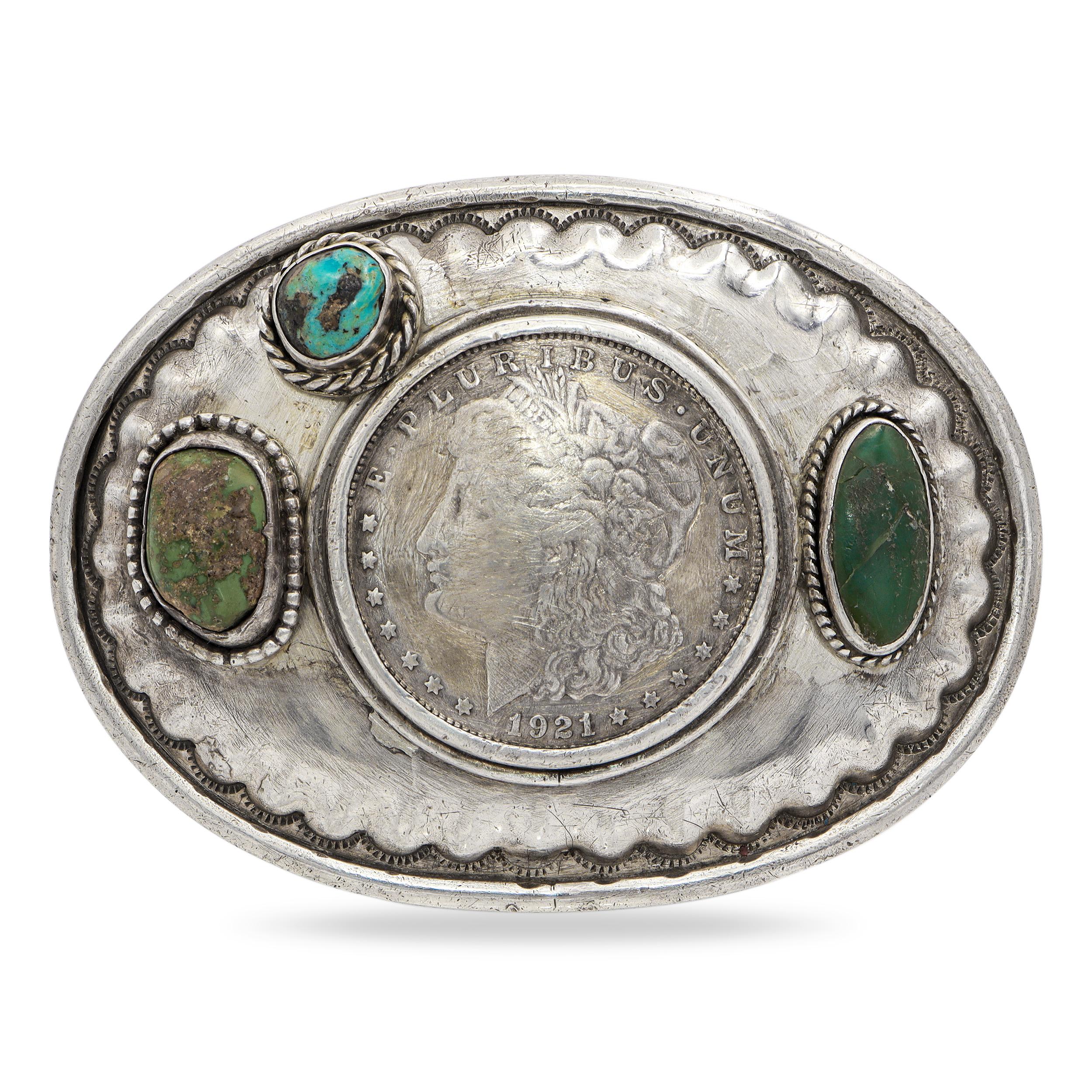 Vintage Signed Chepito Sterling Silver Turquoise 1921 Morgan Dollar Belt Buckle