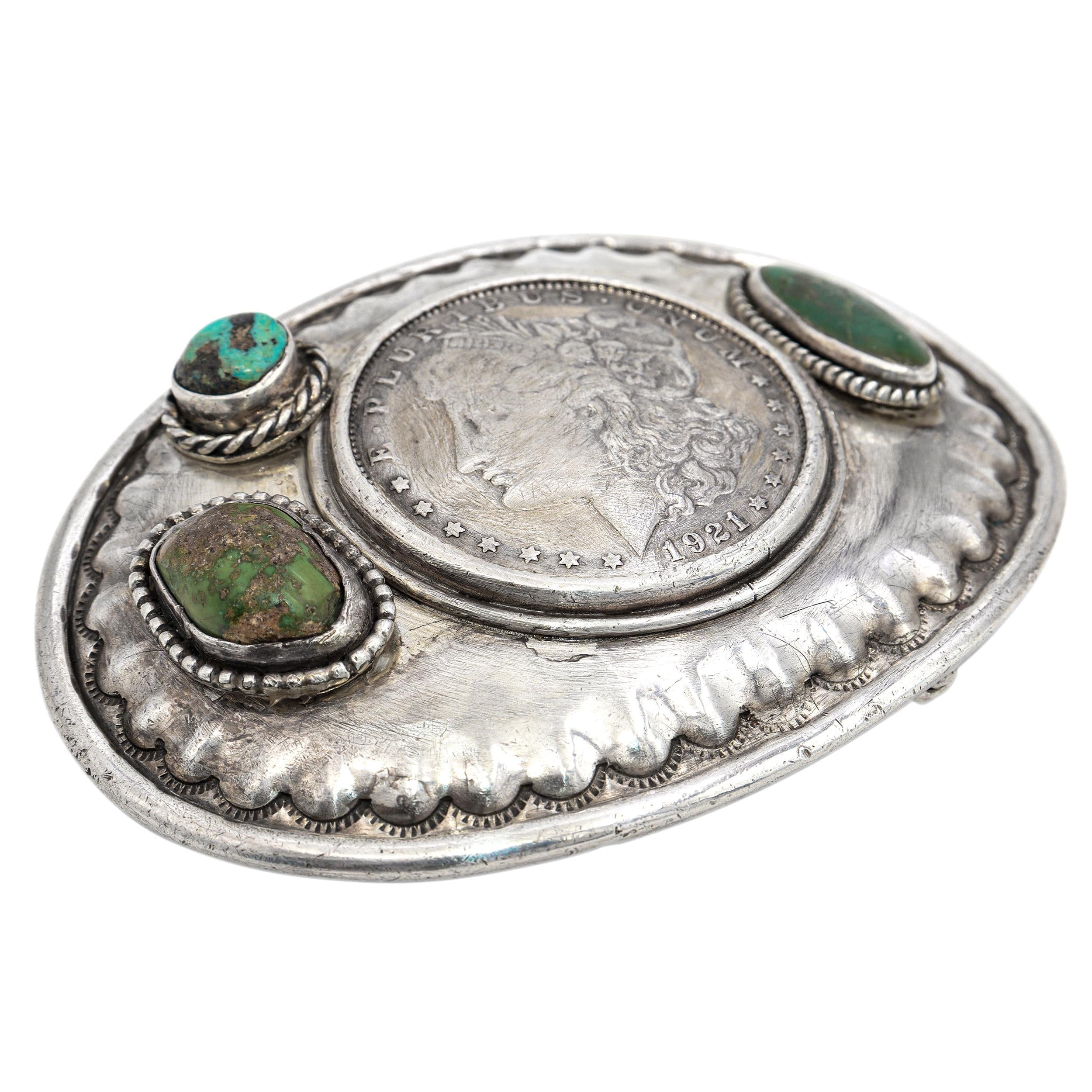 Vintage Signed Chepito Sterling Silver Turquoise 1921 Morgan Dollar Belt Buckle