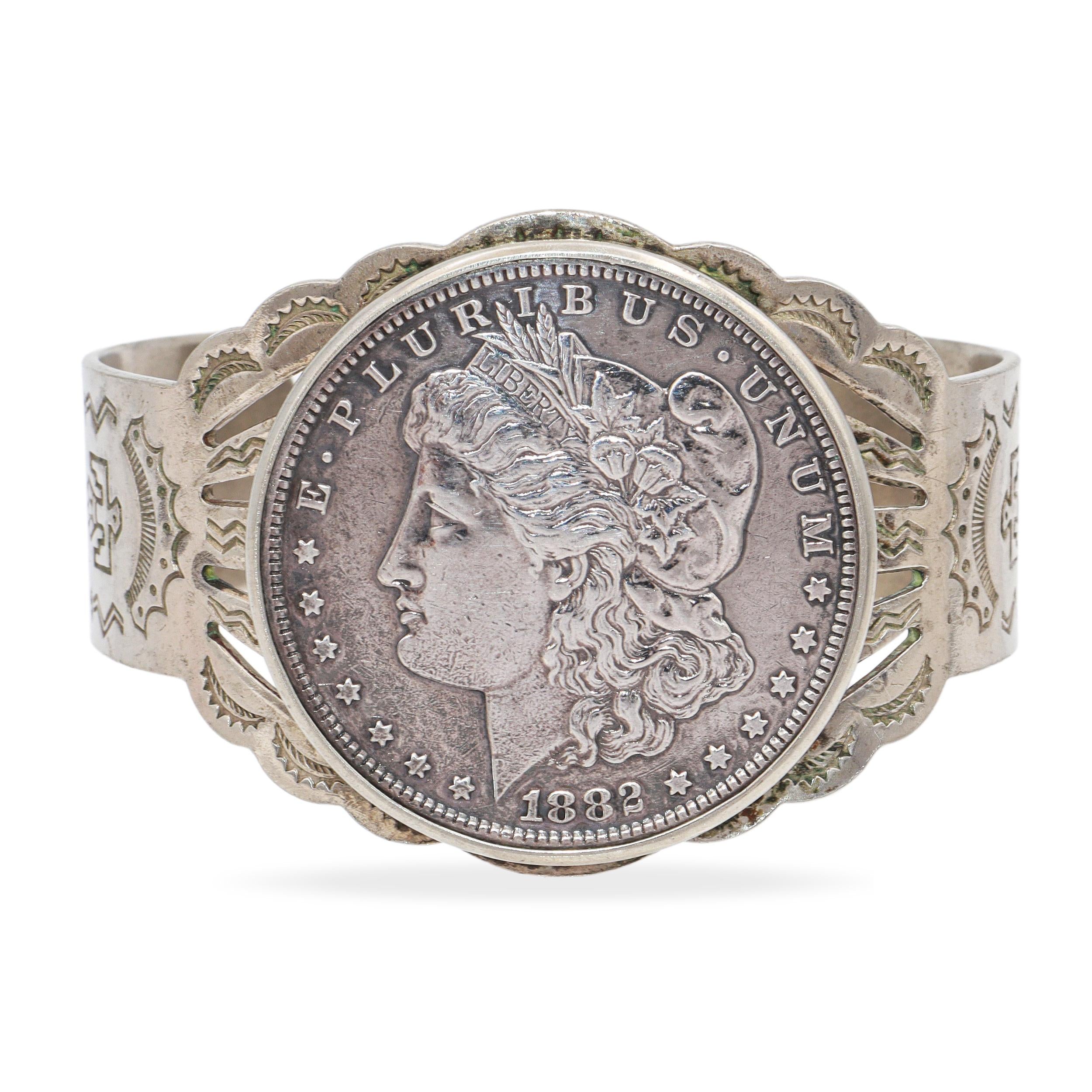 Vintage Southwestern 1882 Morgan Silver Dollar Sterling Cuff Bracelet