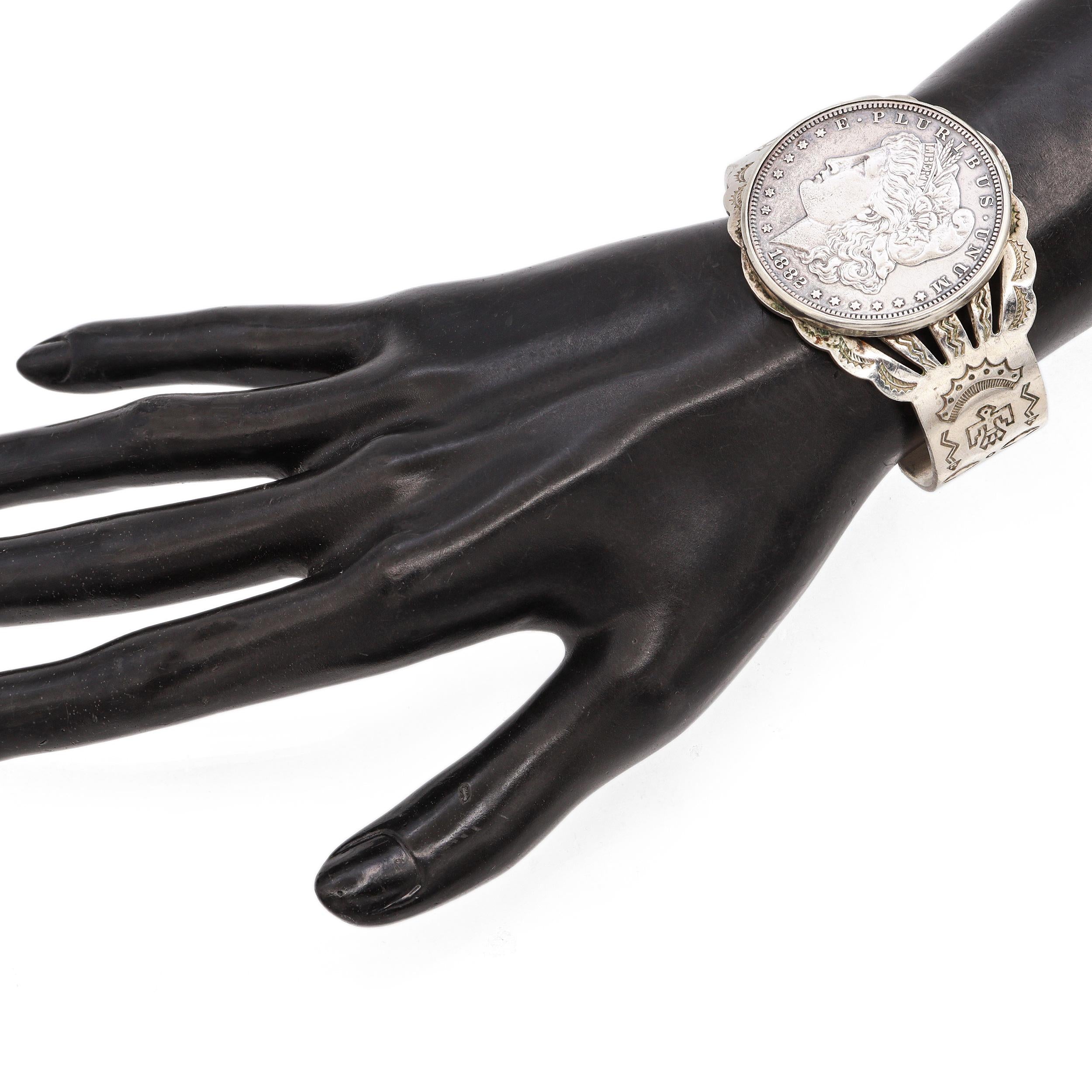 Vintage Southwestern 1882 Morgan Silver Dollar Sterling Cuff Bracelet