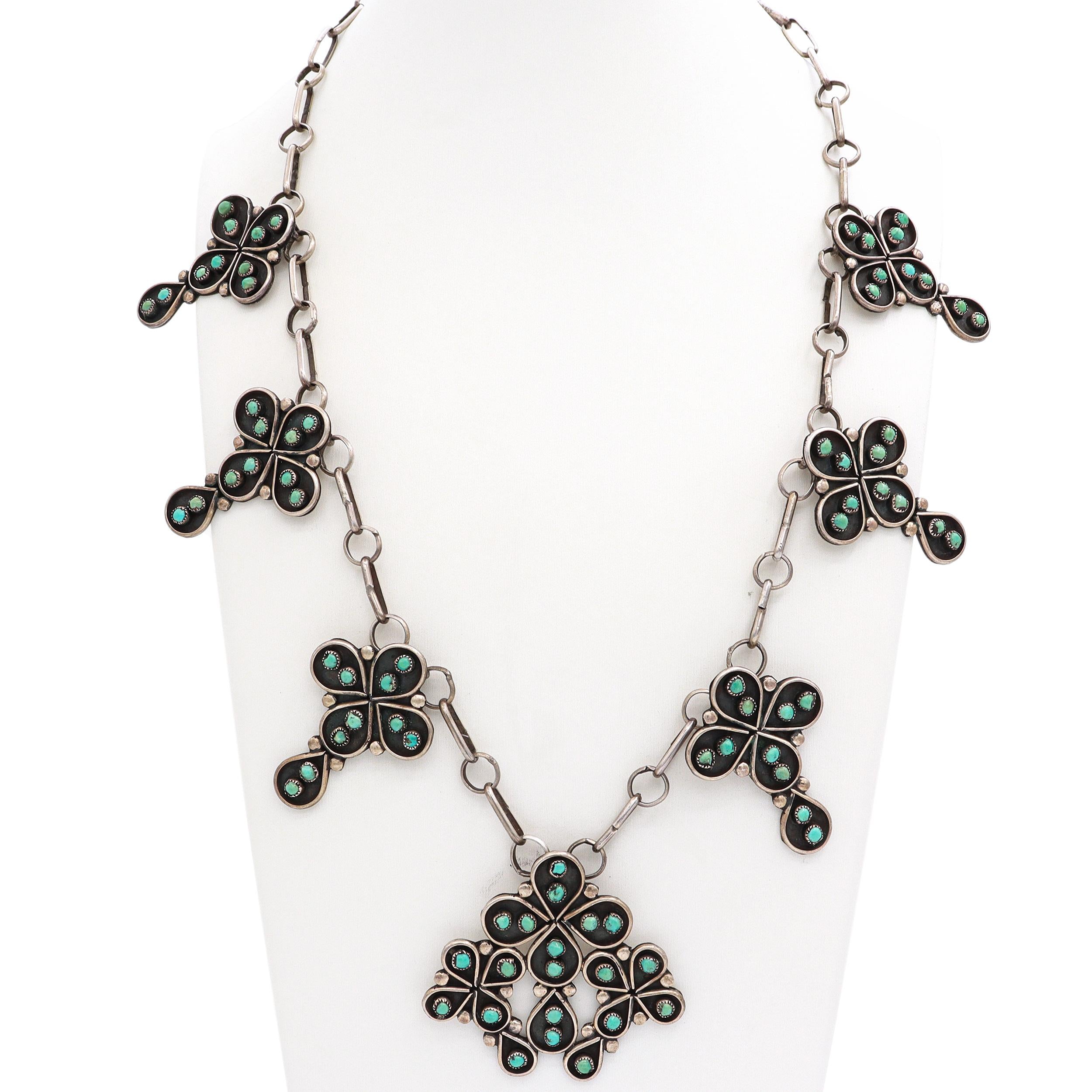 Vintage Sterling Silver Turquoise Floral Cluster Motif Station Necklace